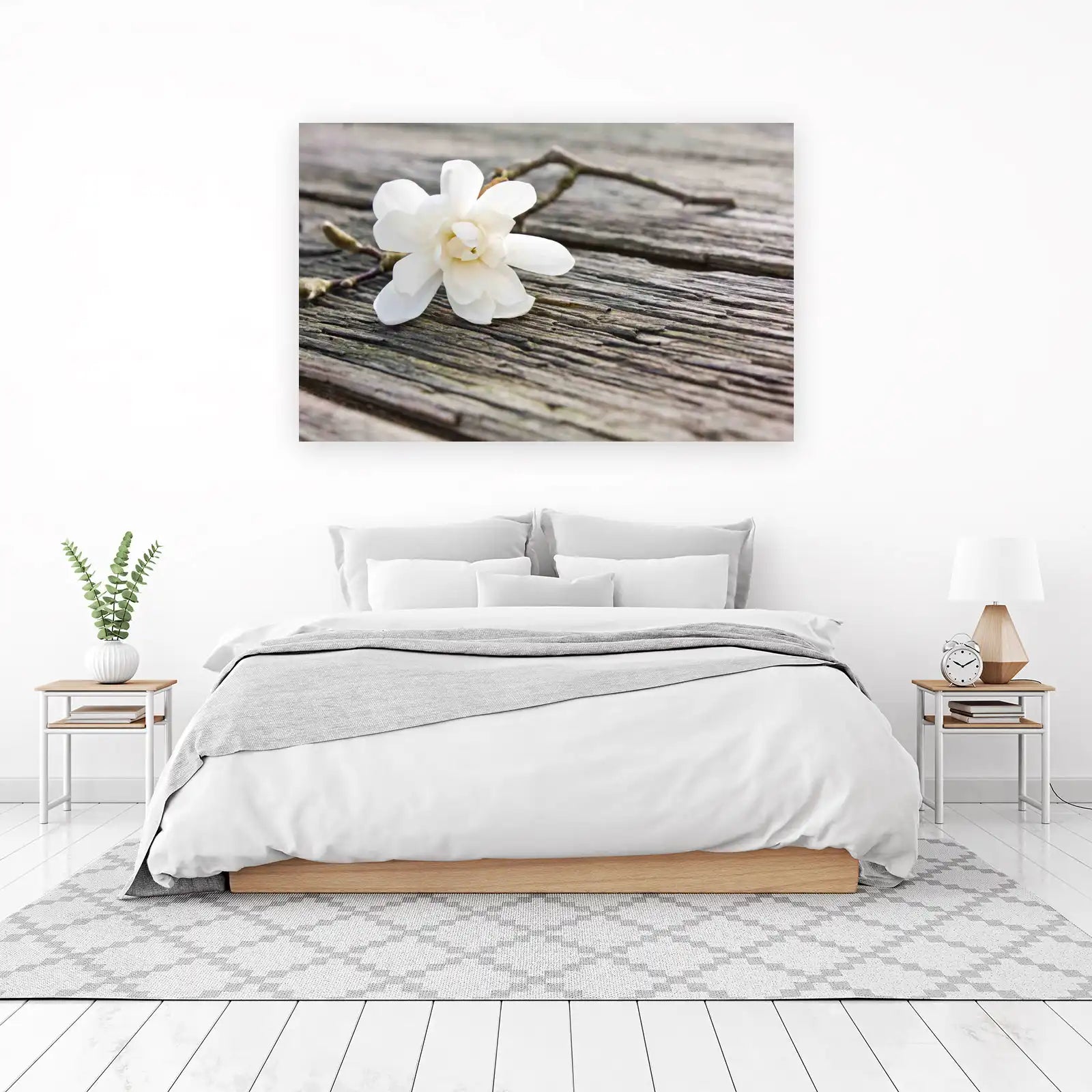 Serene White Magnolia Flower Wooden Textures Wall Art