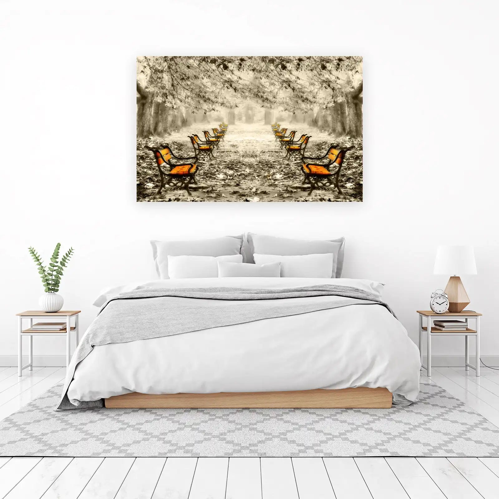 Autumn Park Benches Orange Seat Wall Art