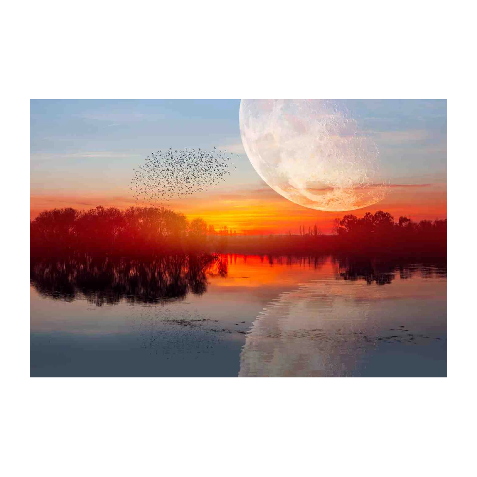 Serene Sunset Flock Moonlit Lake Wall Art