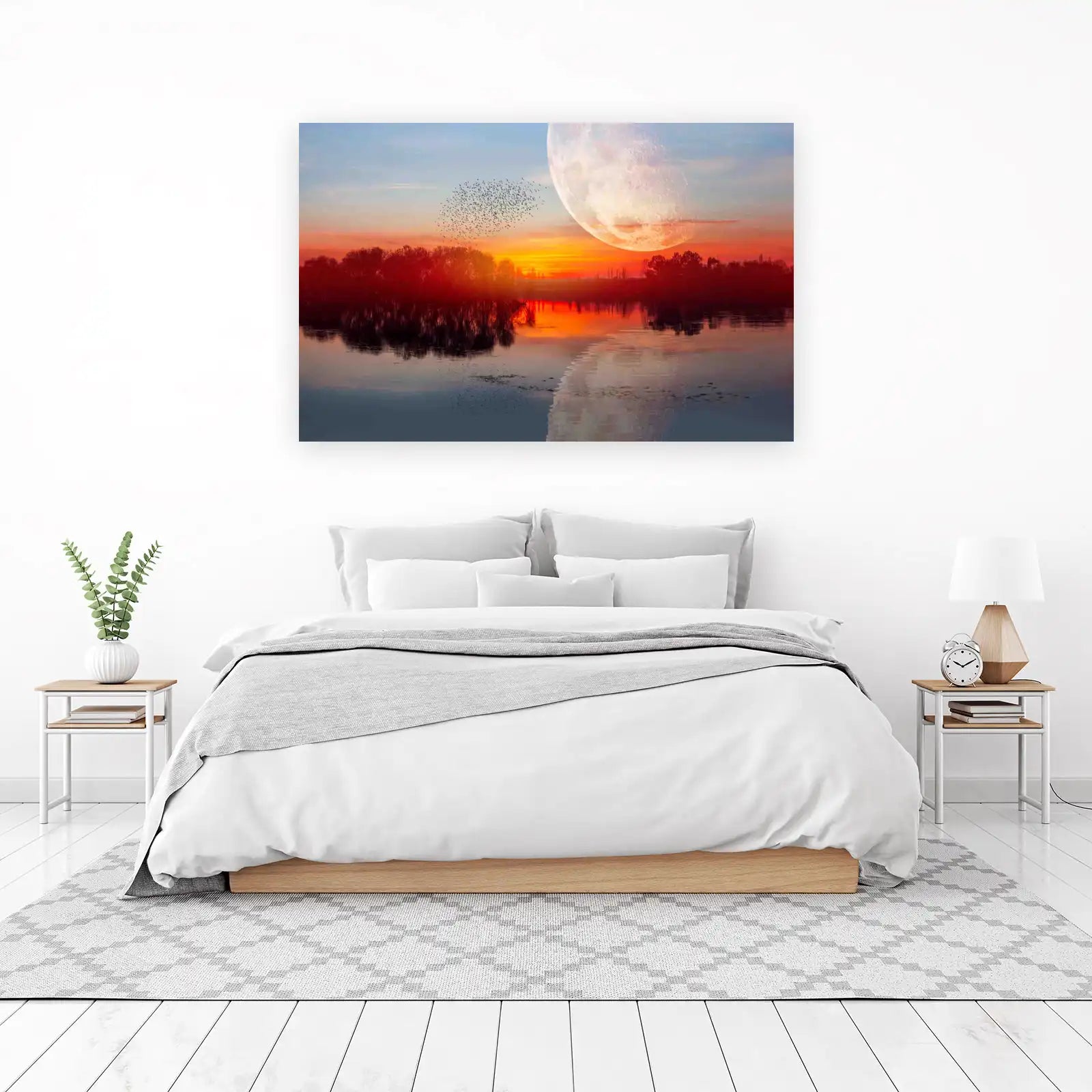 Serene Sunset Flock Moonlit Lake Wall Art