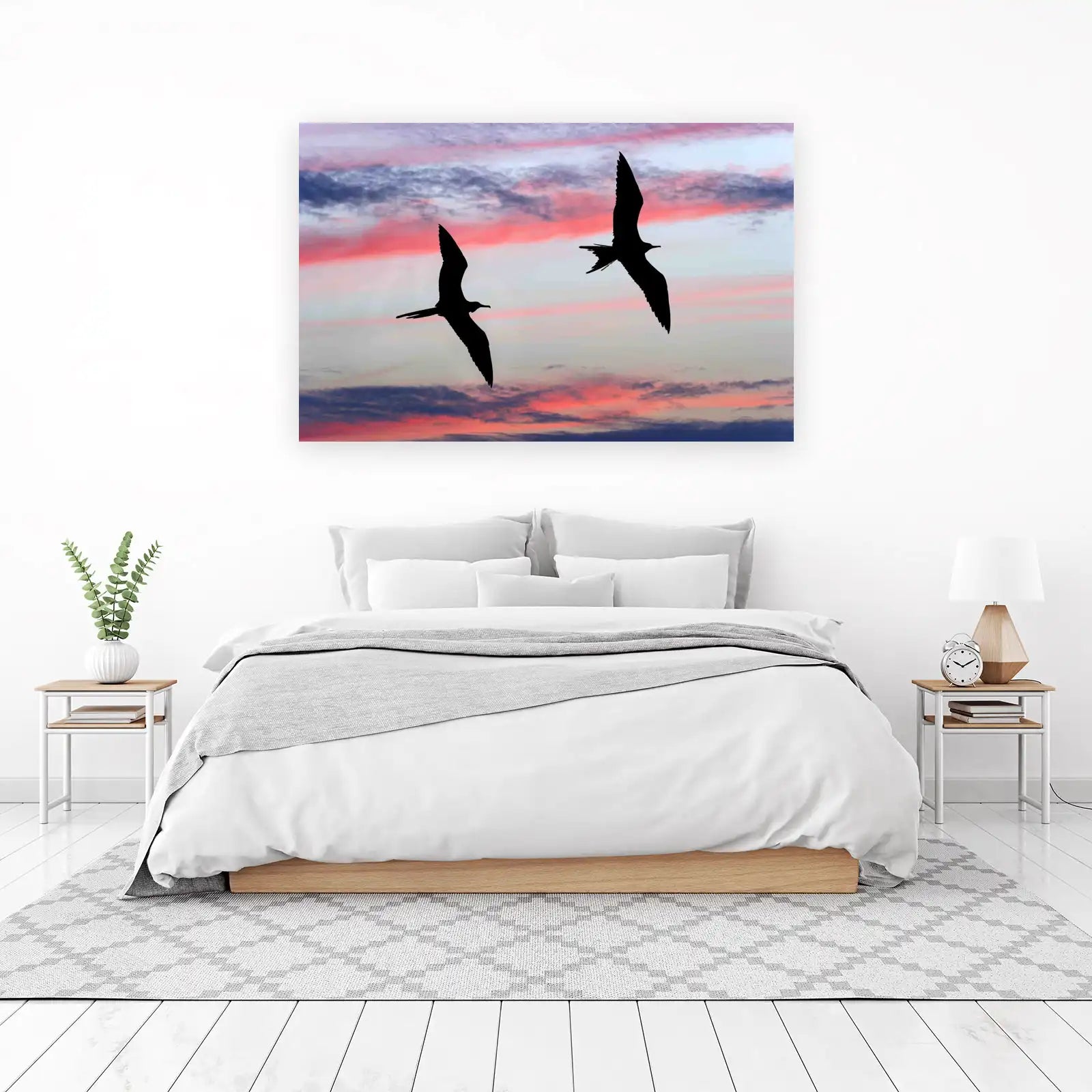 Silhouettes of Birds Flying at Sunset Wall Art
