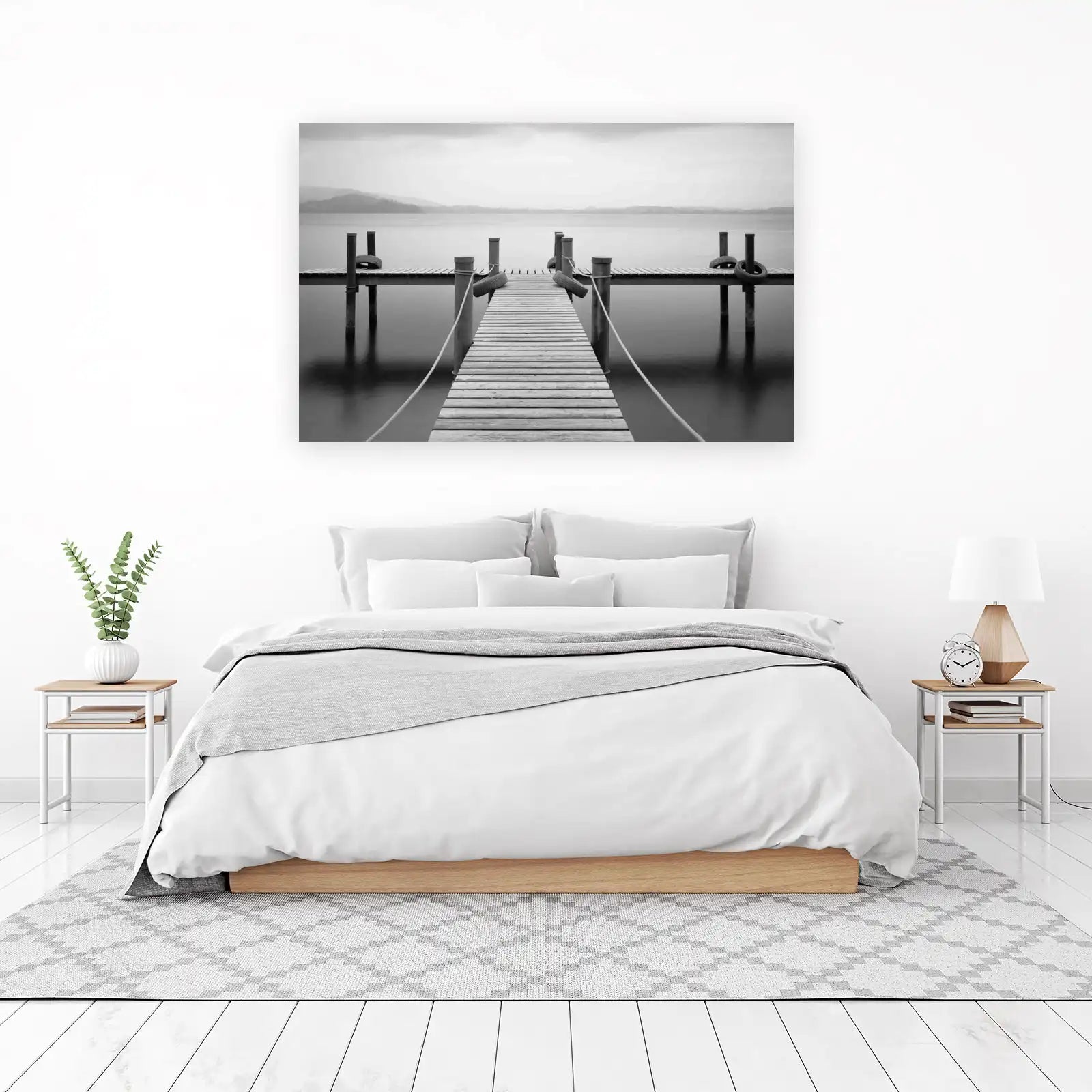 Serene Dock Landscape Black & White Wall Art