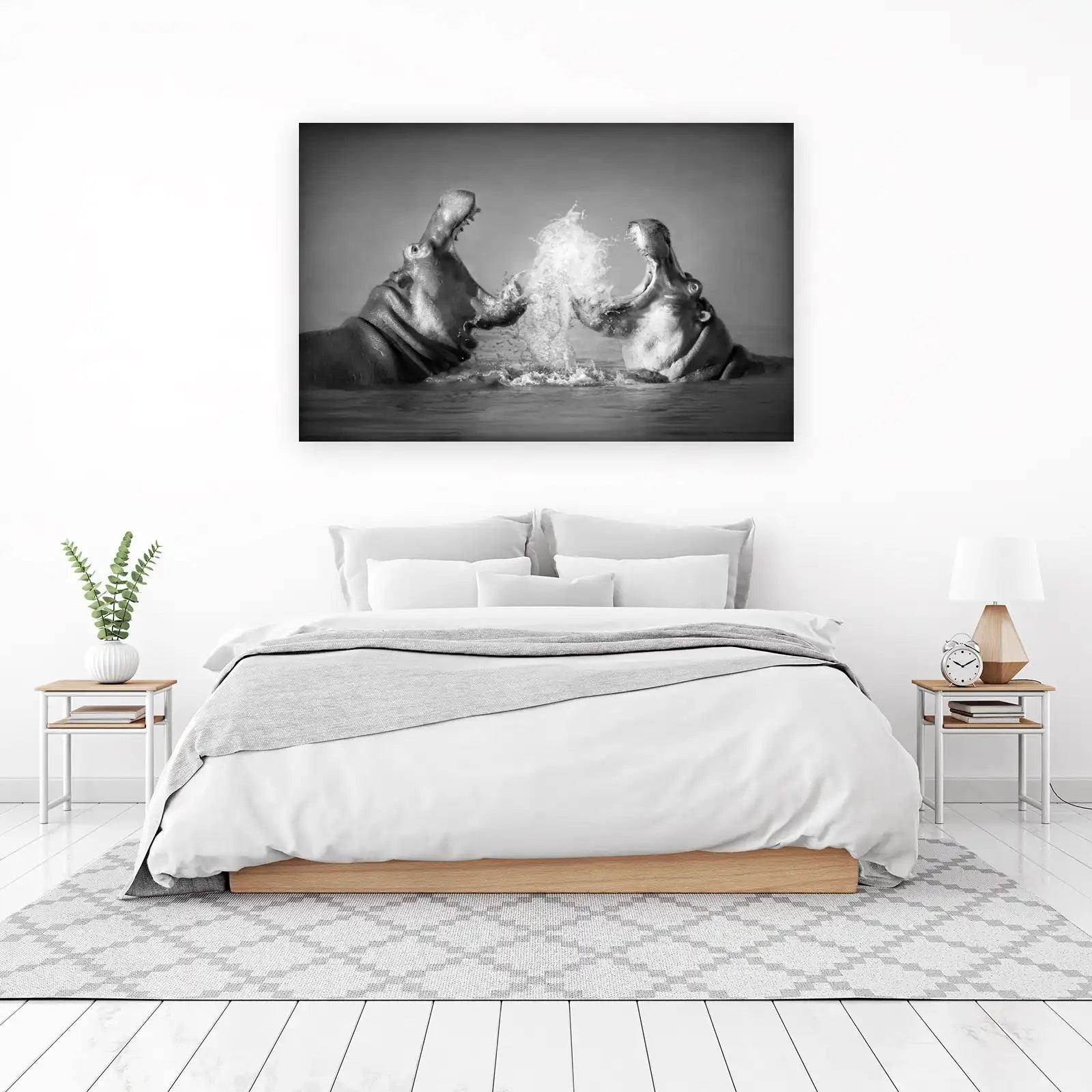 Dramatic Hippo Battle Black & White Wall Art