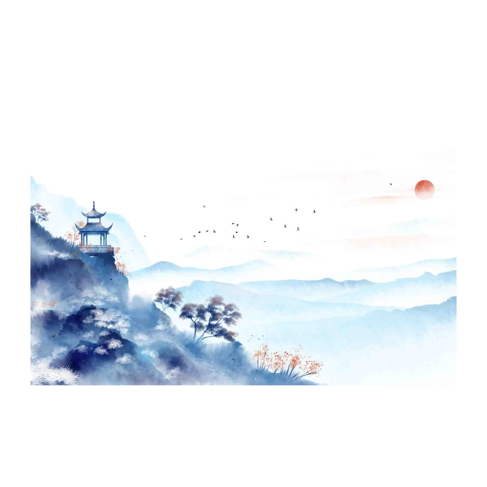 Serene Mountain Pagoda Landscape Wall Art