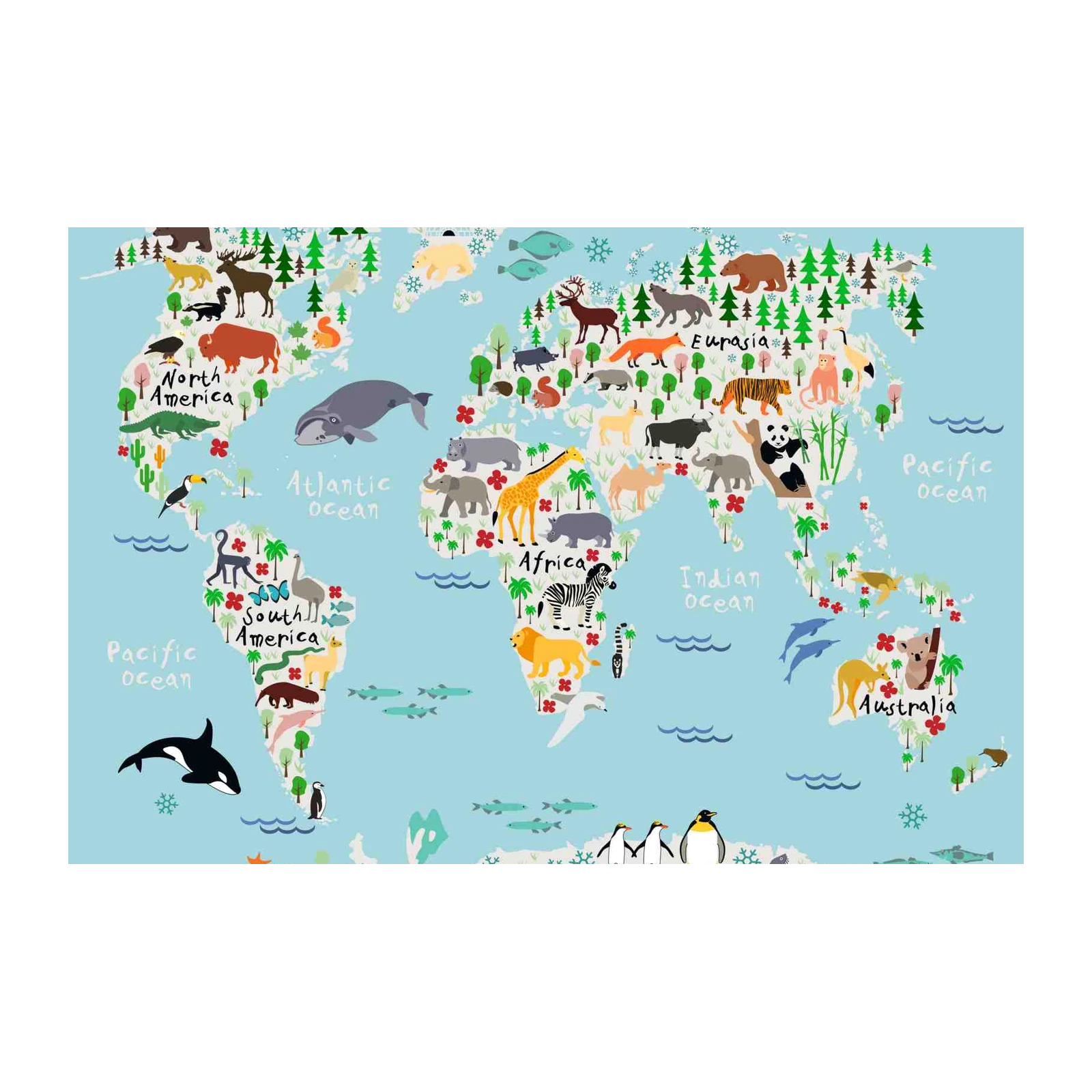 Colorful World Map Animals Wall Art for Kids