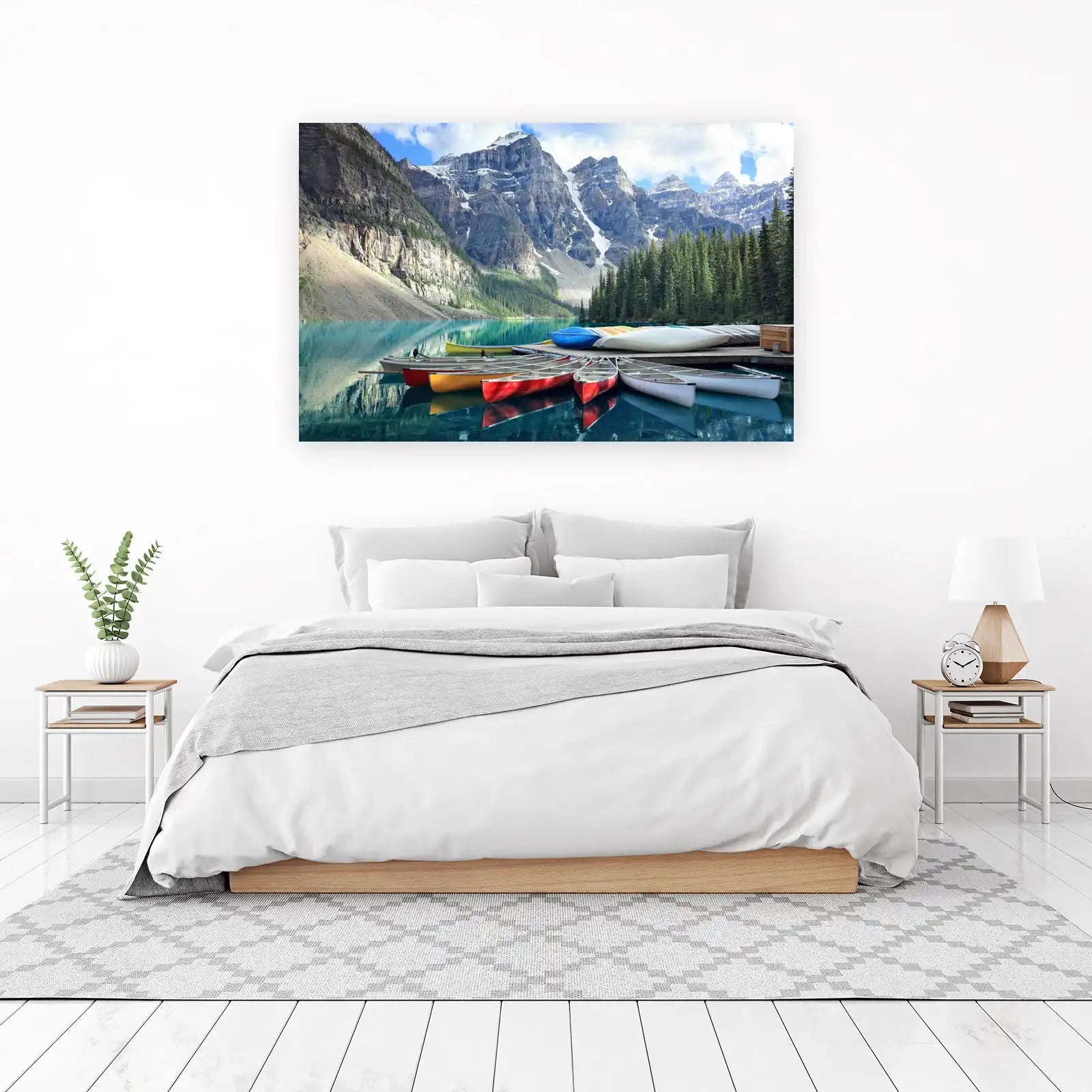 Serene Lake Canoes & Majestic Mountains Wall Art