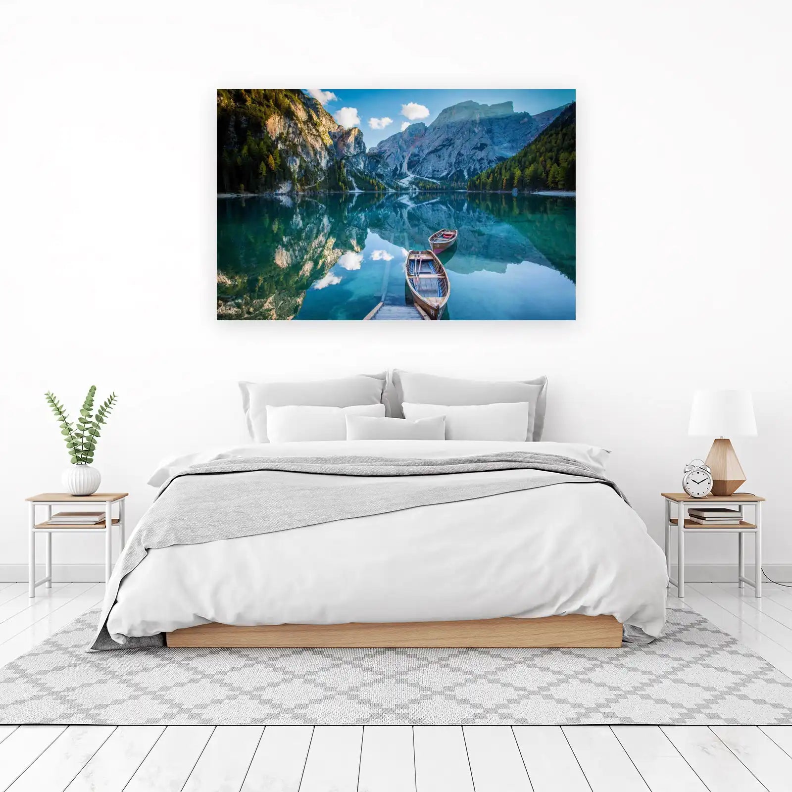 Tranquil Lake & Mountain Boats Wall Art