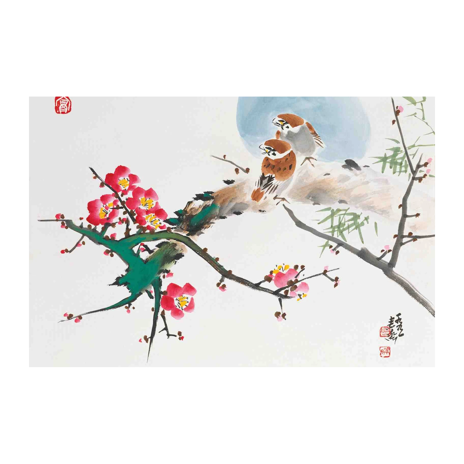 Serene Sparrows & Plum Blossoms Wall Art