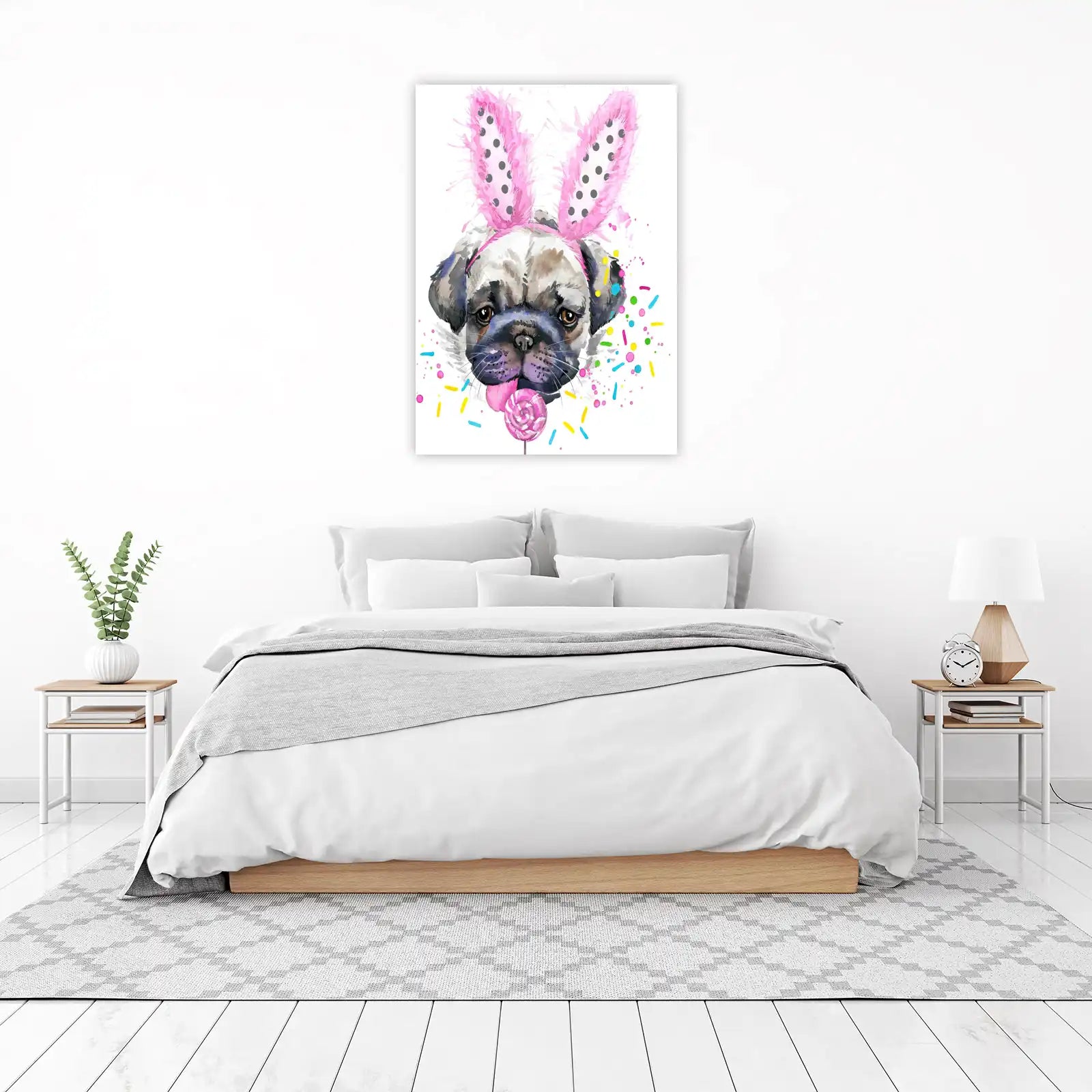 Adorable Pug with Pink Bunny Ears Wall Art
