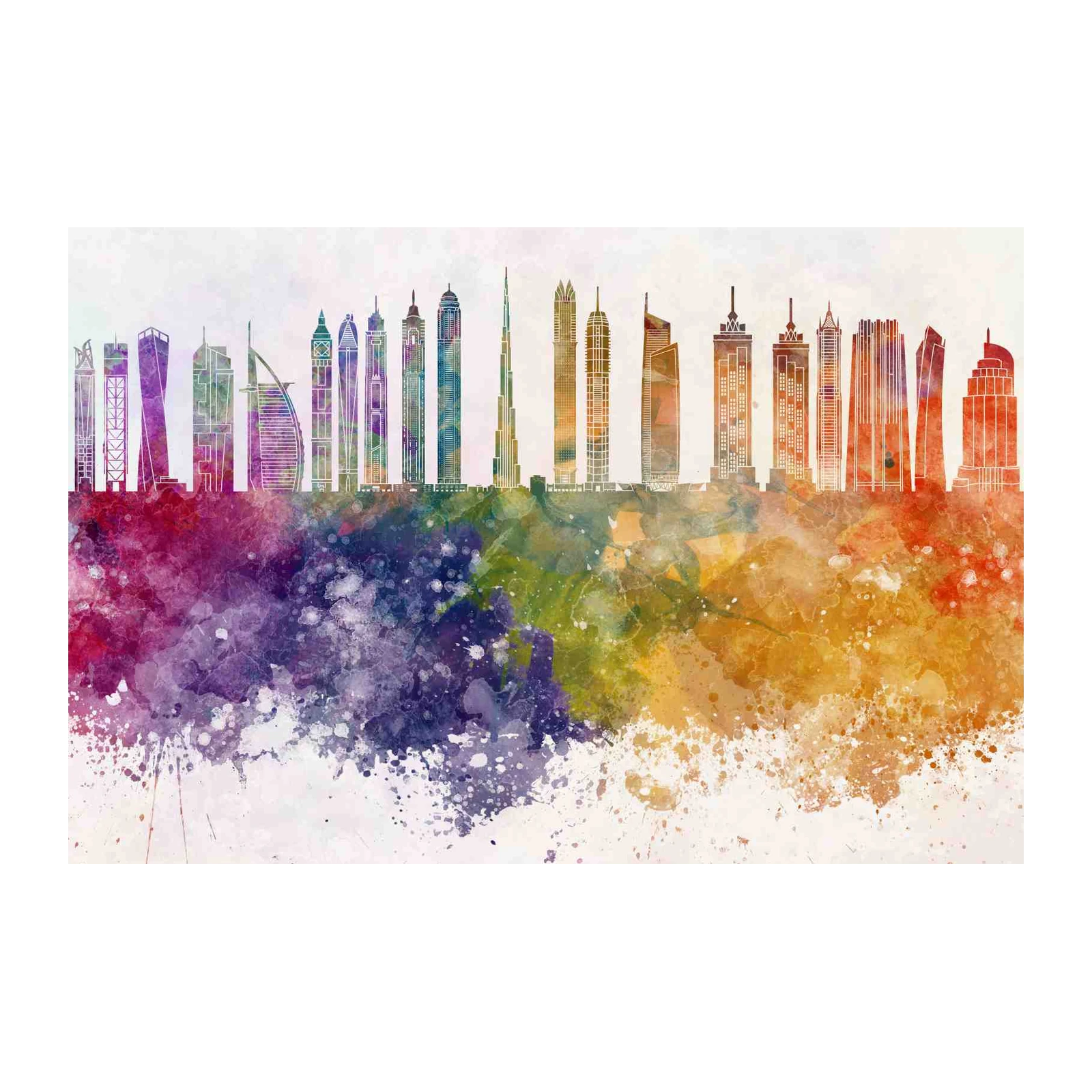 Vibrant Dubai Skyline Watercolor Wall Art