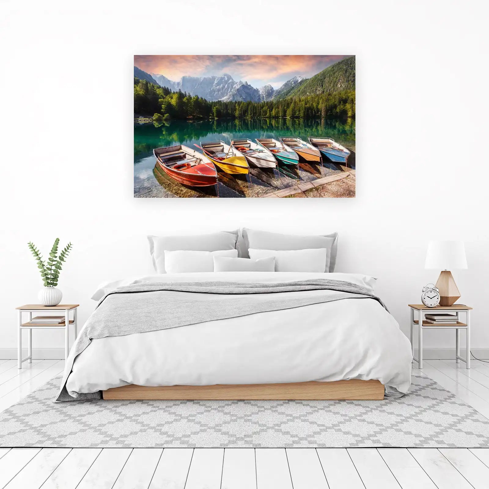 Serene Mountain Lake Boats Wall Art