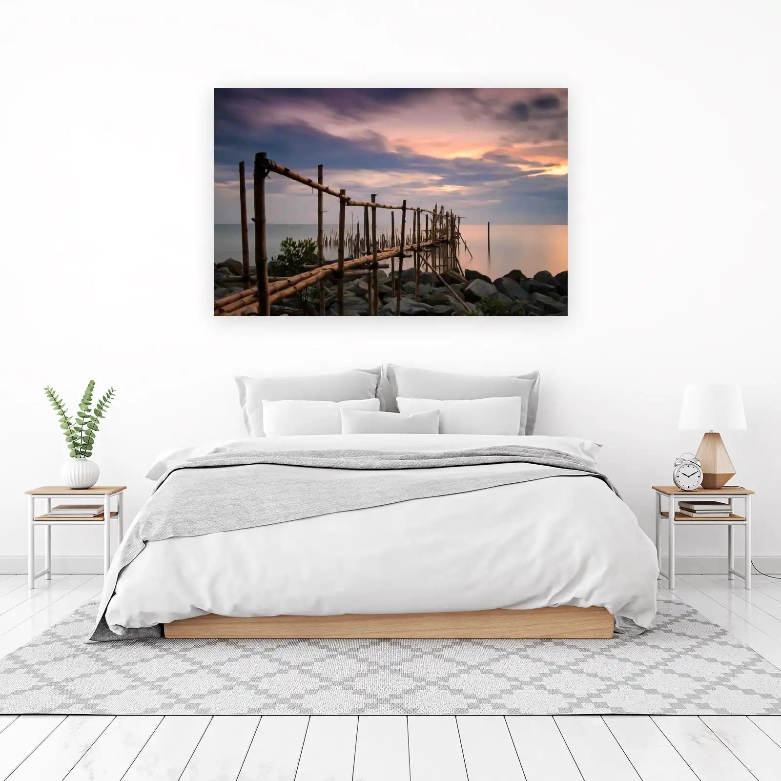 Serene Bamboo Pier Sunset Landscape Wall Art