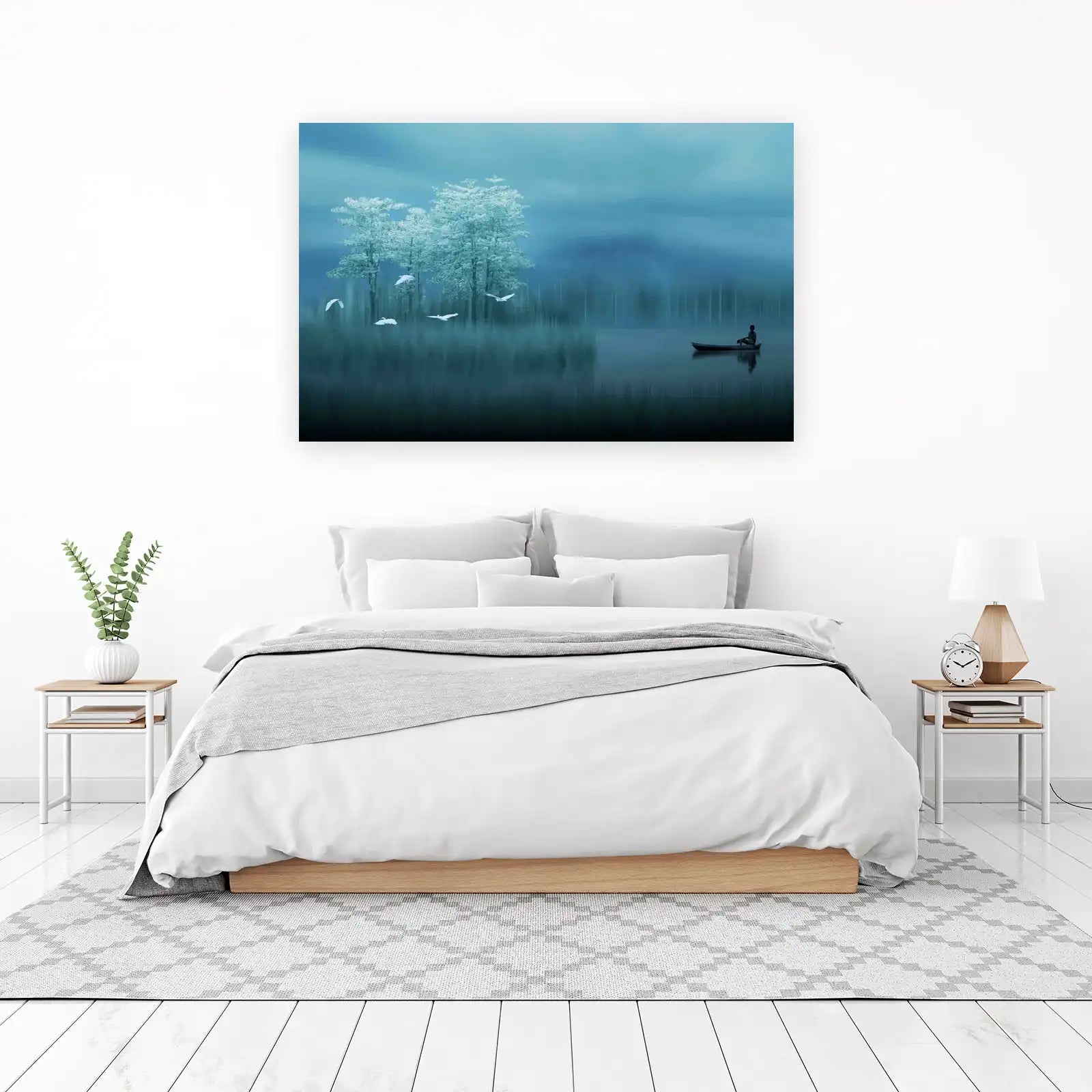 Serene Winter Lake Wall Art with Flying Birds