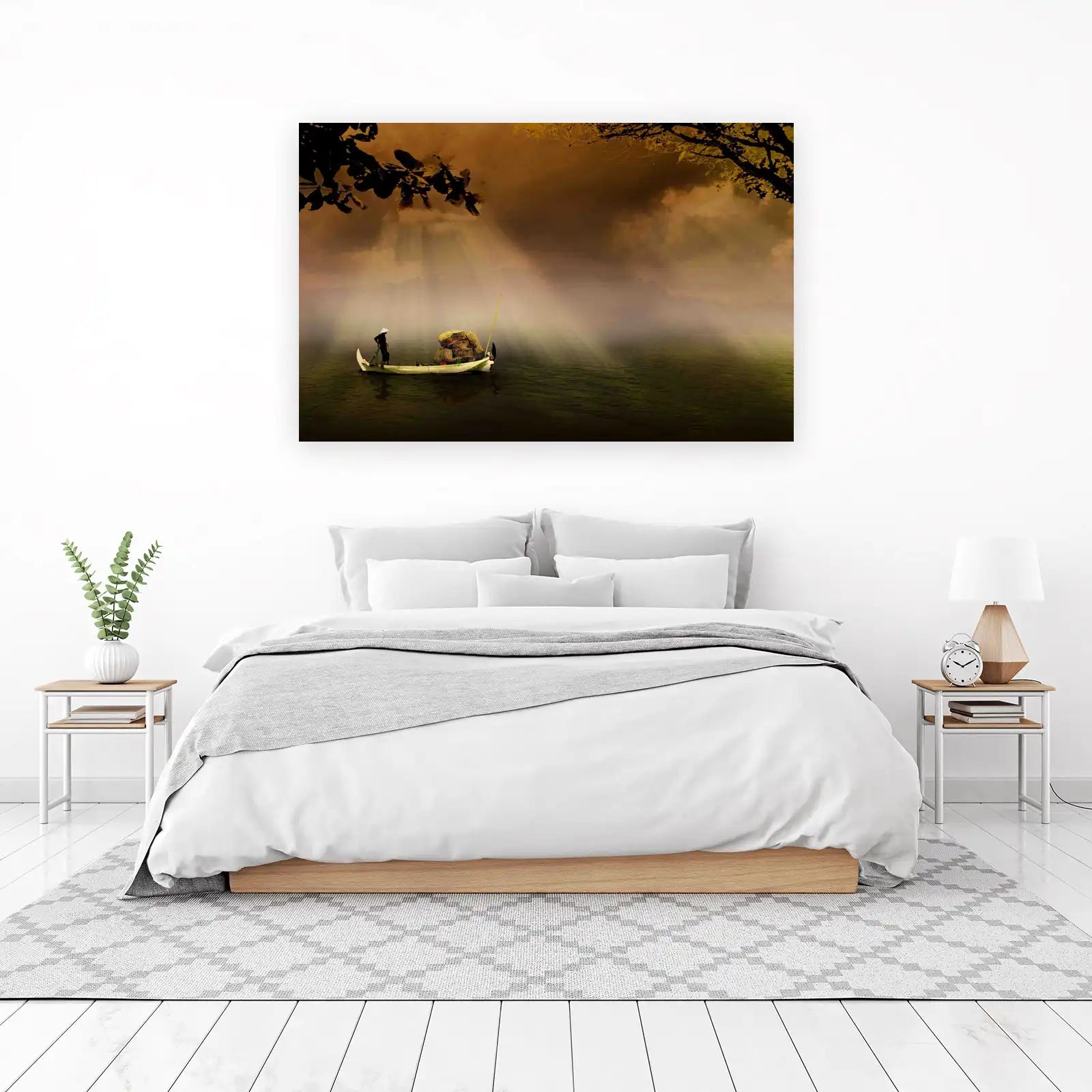 Serene Fisherman Boat Landscape Wall Art
