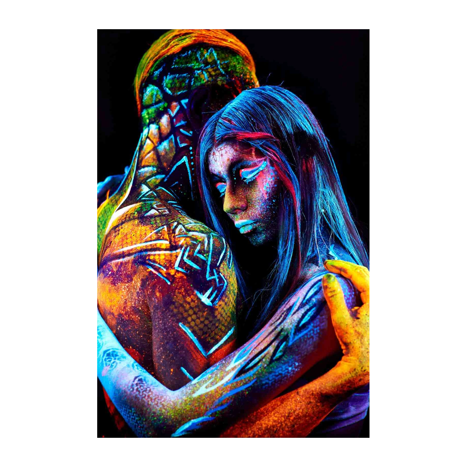 Vibrant UV Body Art Couple Hugging Wall Art