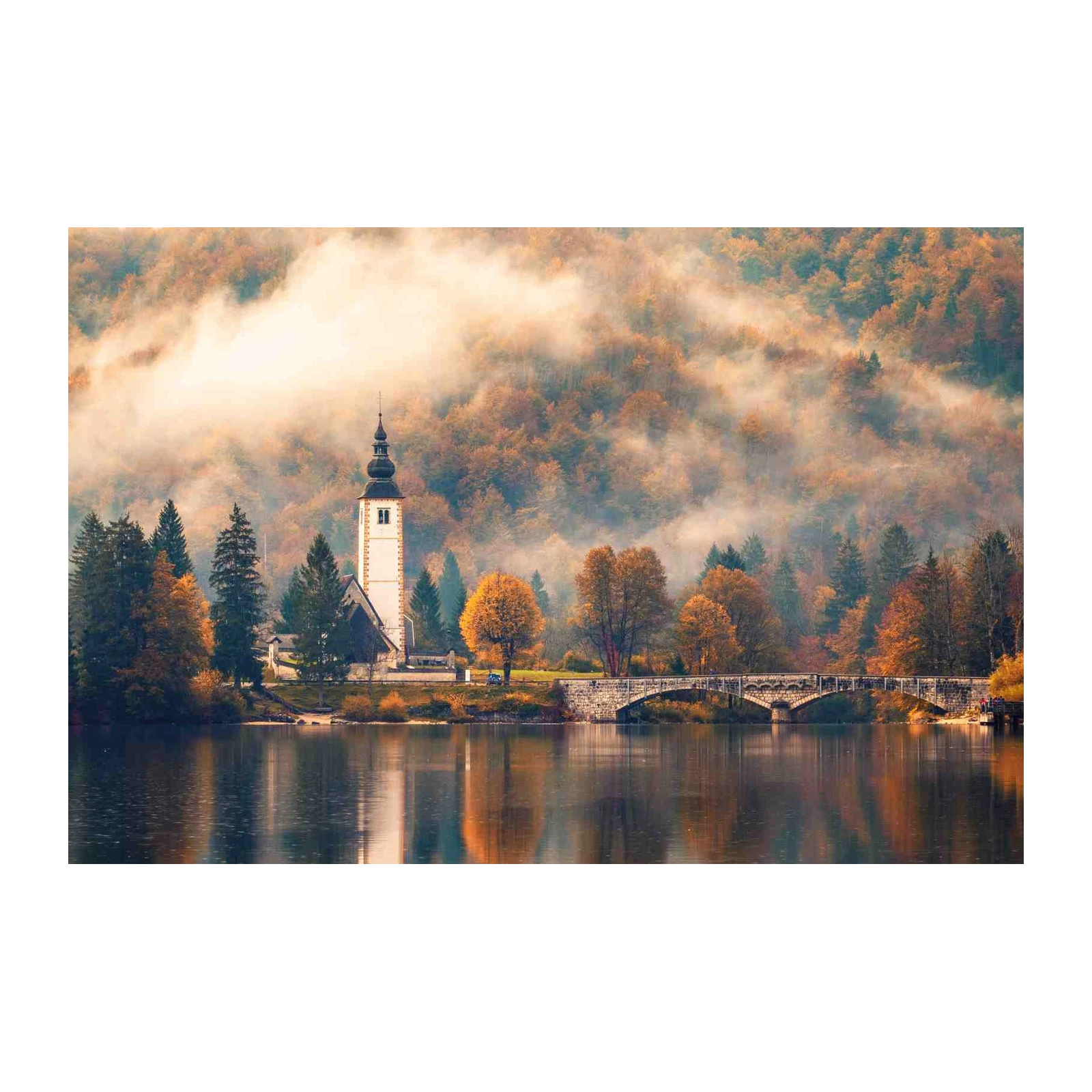 Serene Lakeside Church Autumn View Wall Art