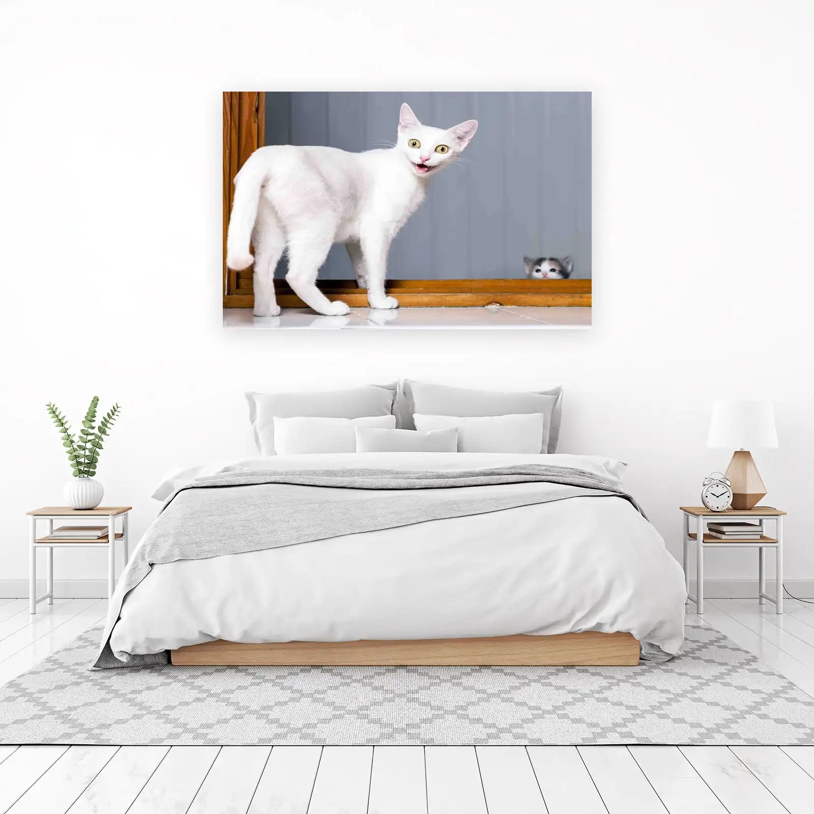 Playful White Cats "Peek-a-Boo" Wall Art