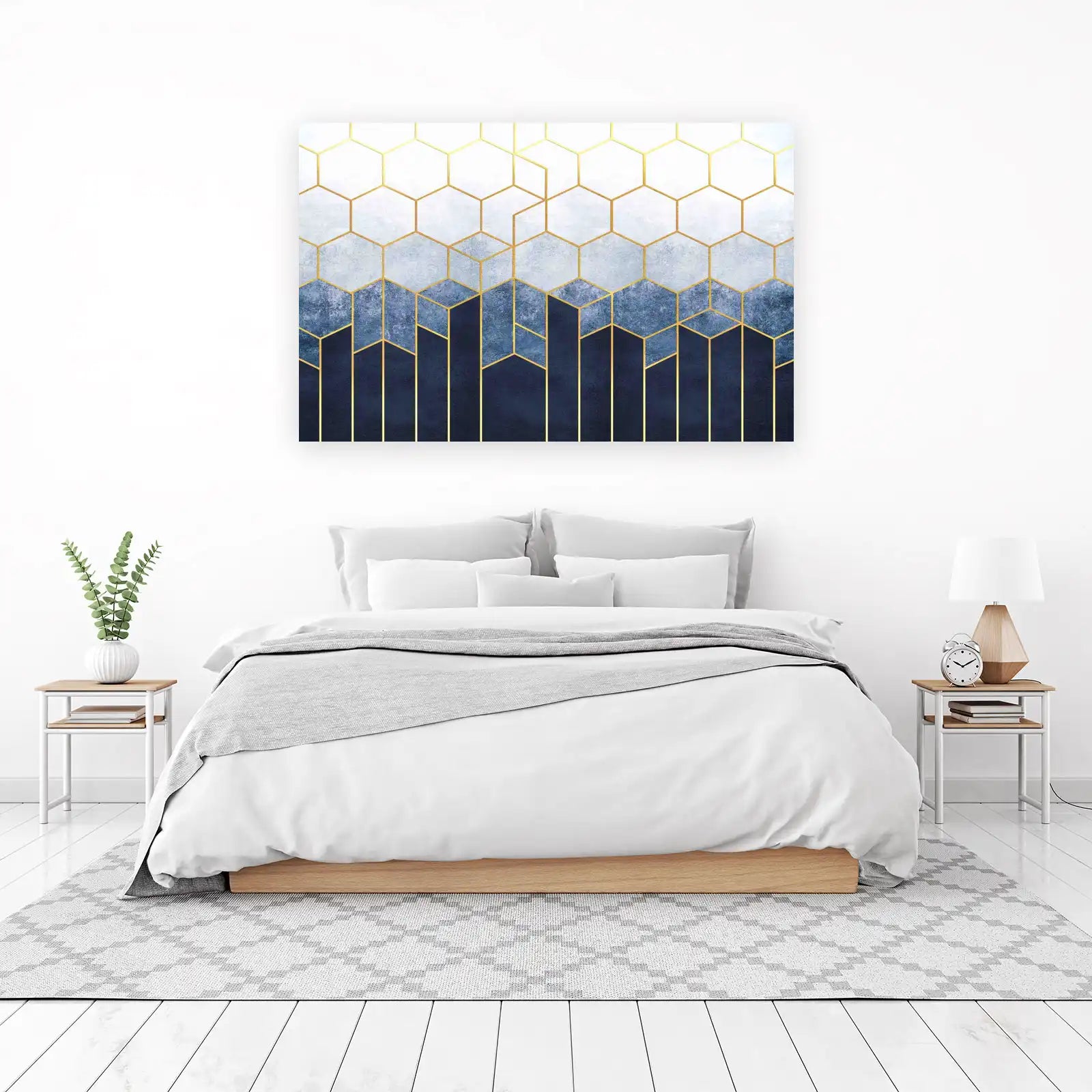 Geometric Blue & Gold Hexagon Wall Art