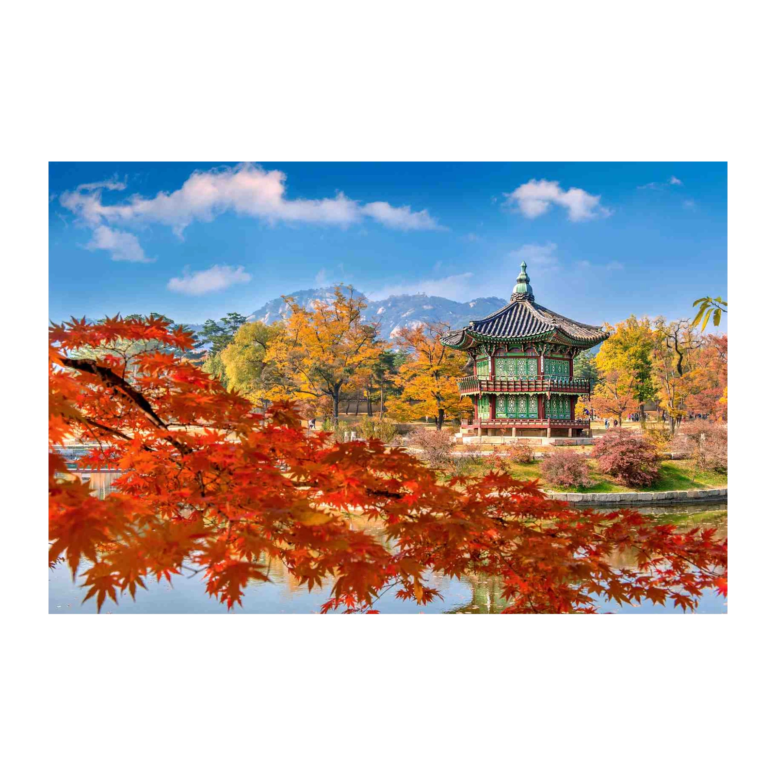 Vibrant Autumn Pagoda & Maple Korean Landscape Wall Art