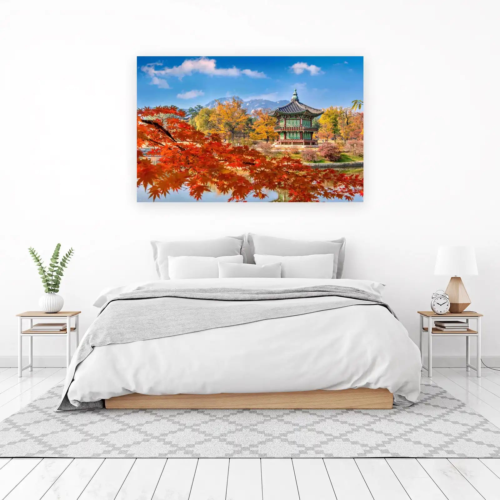 Vibrant Autumn Pagoda & Maple Korean Landscape Wall Art