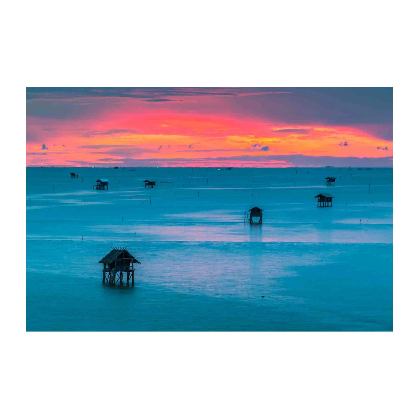 Serene Sunset Ocean Huts Wall Art