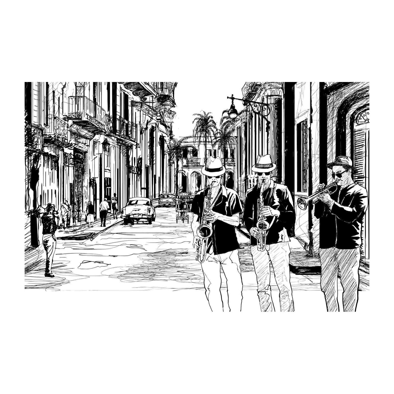 Cuban Street Jazz Trio Black & White Wall Art