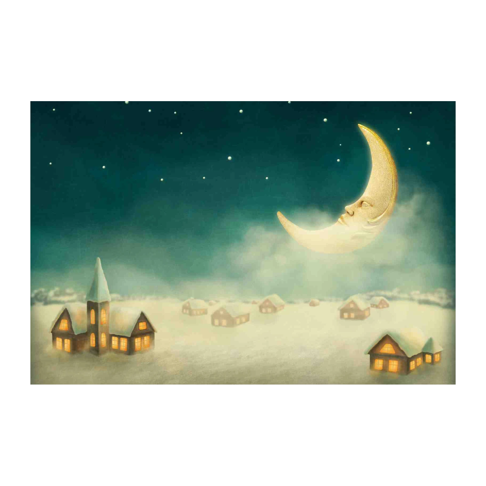 Dreamy Crescent Moon Winter Village Wall Art