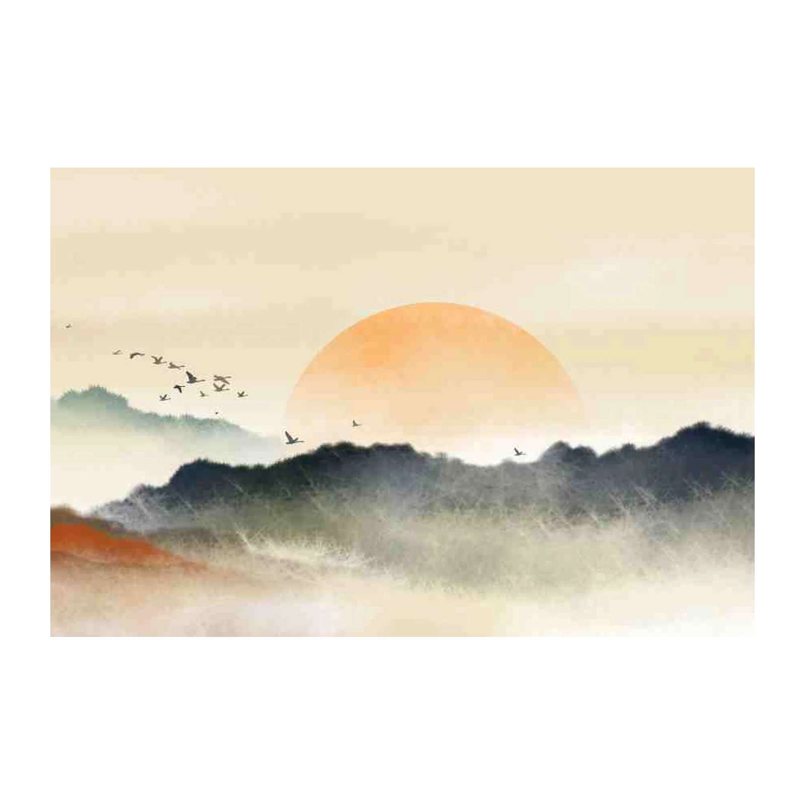 Serene Mountain Landscape Birds Wall Art