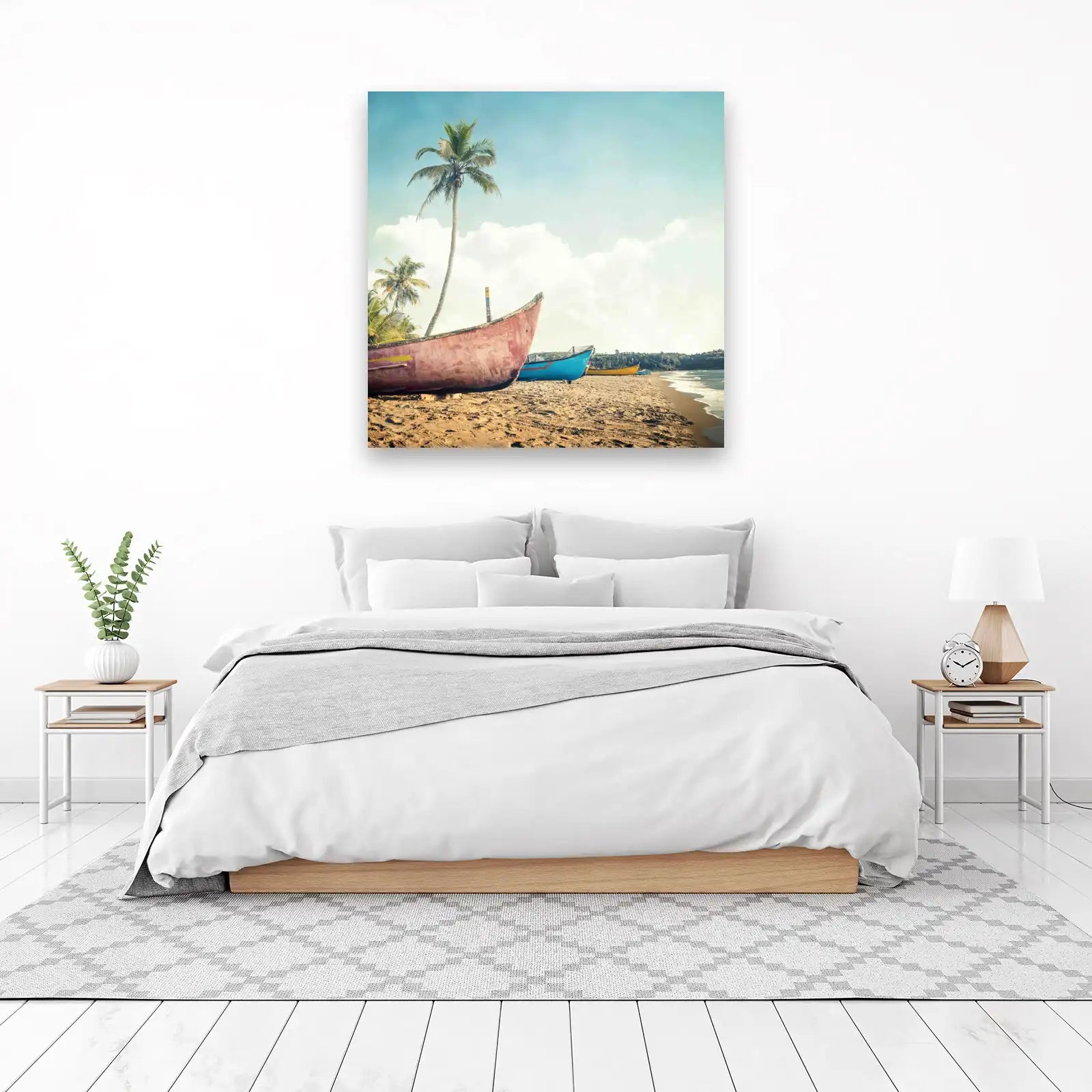 Tropical Beach Boats and Palm Trees Wall Art