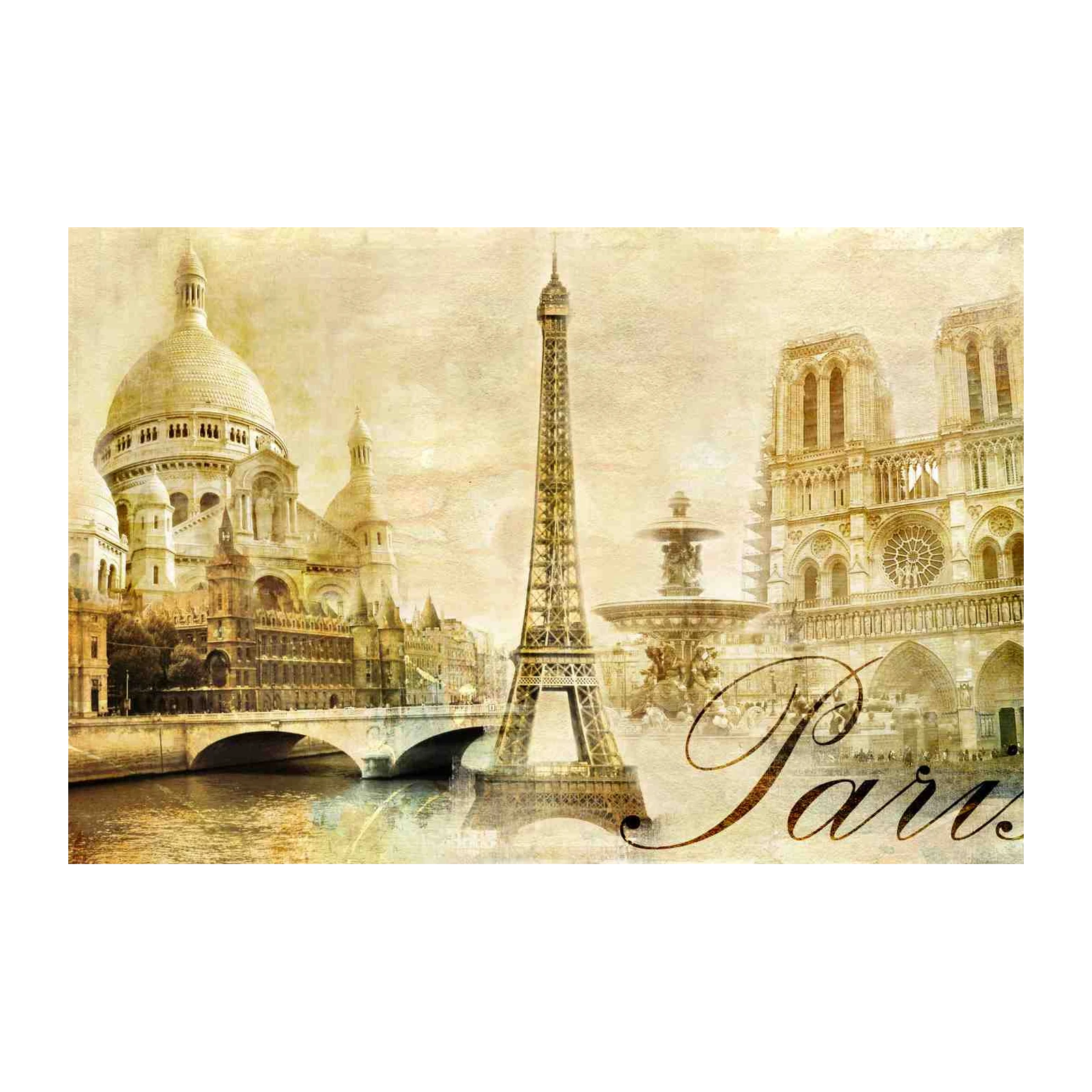 Vintage Paris Collage Eiffel Tower Notre Dame Wall Art