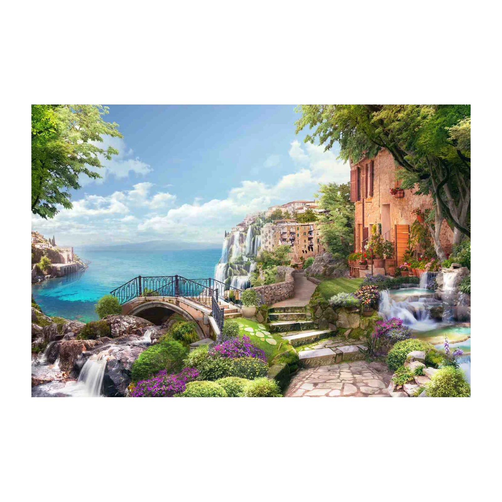 Serene Coastal Village Waterfall Wall Art
