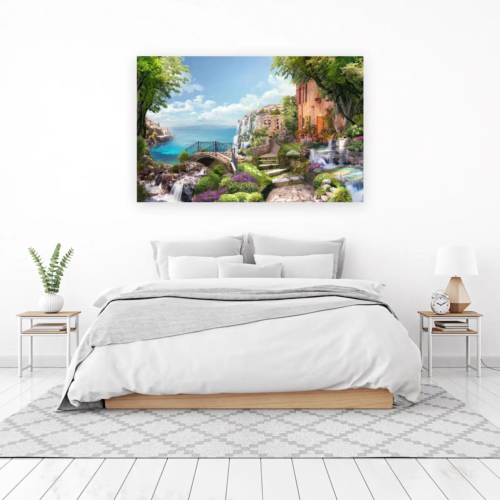 Serene Coastal Village Waterfall Wall Art