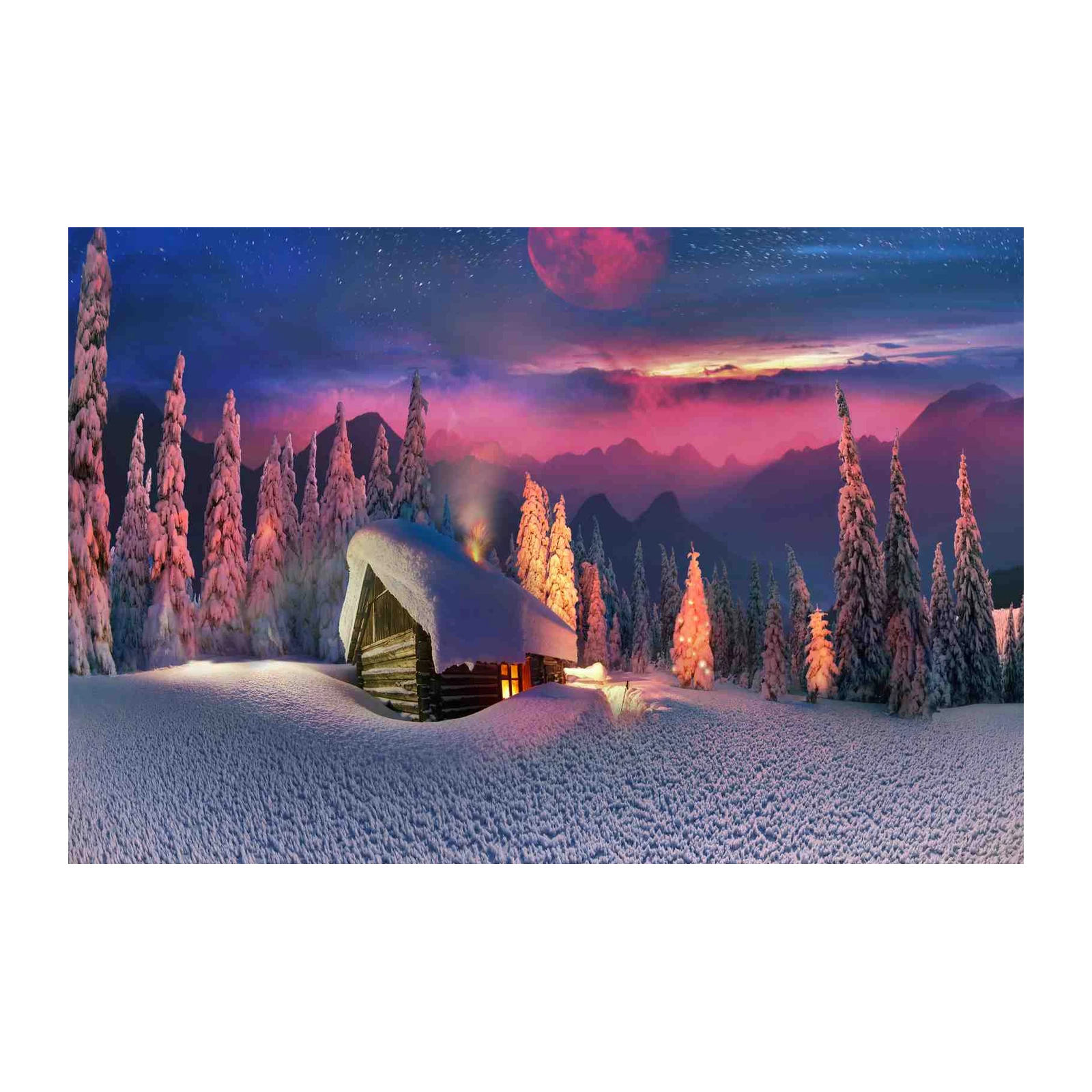 Enchanted Winter Cabin Red Moon Wall Art