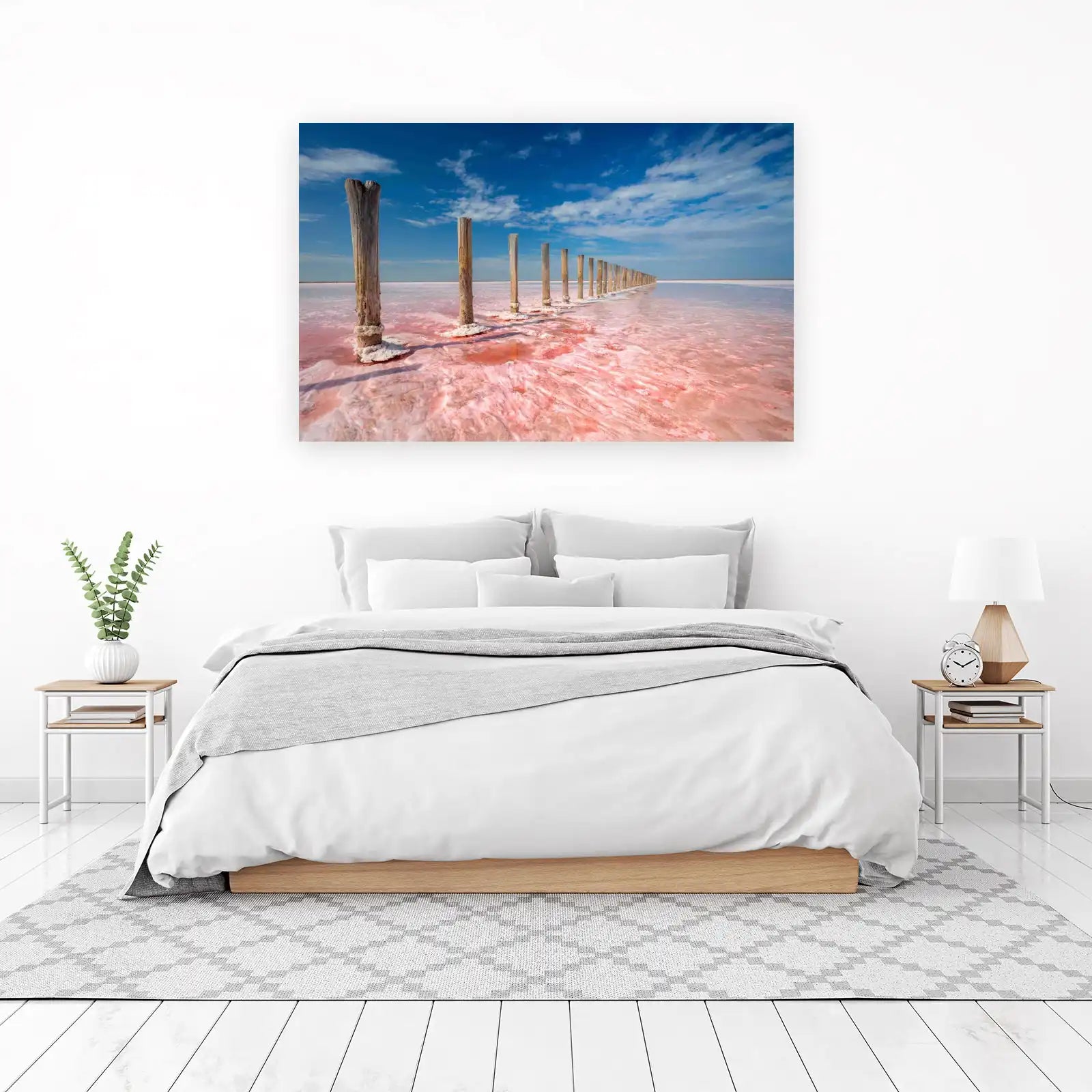 Serene Pink Salt Lake Wooden Posts Wall Art
