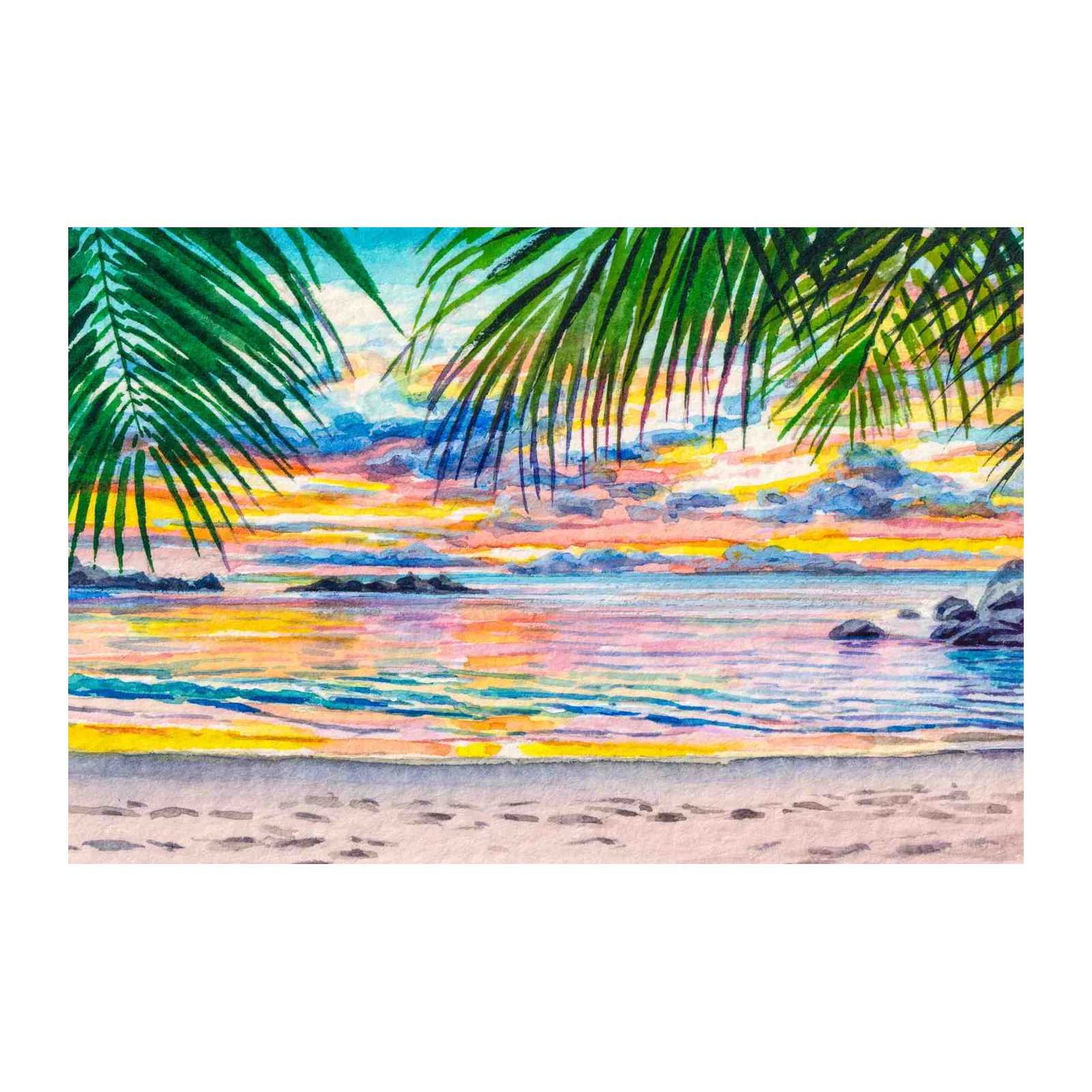 Tropical Sunset Beach Watercolor Wall Art