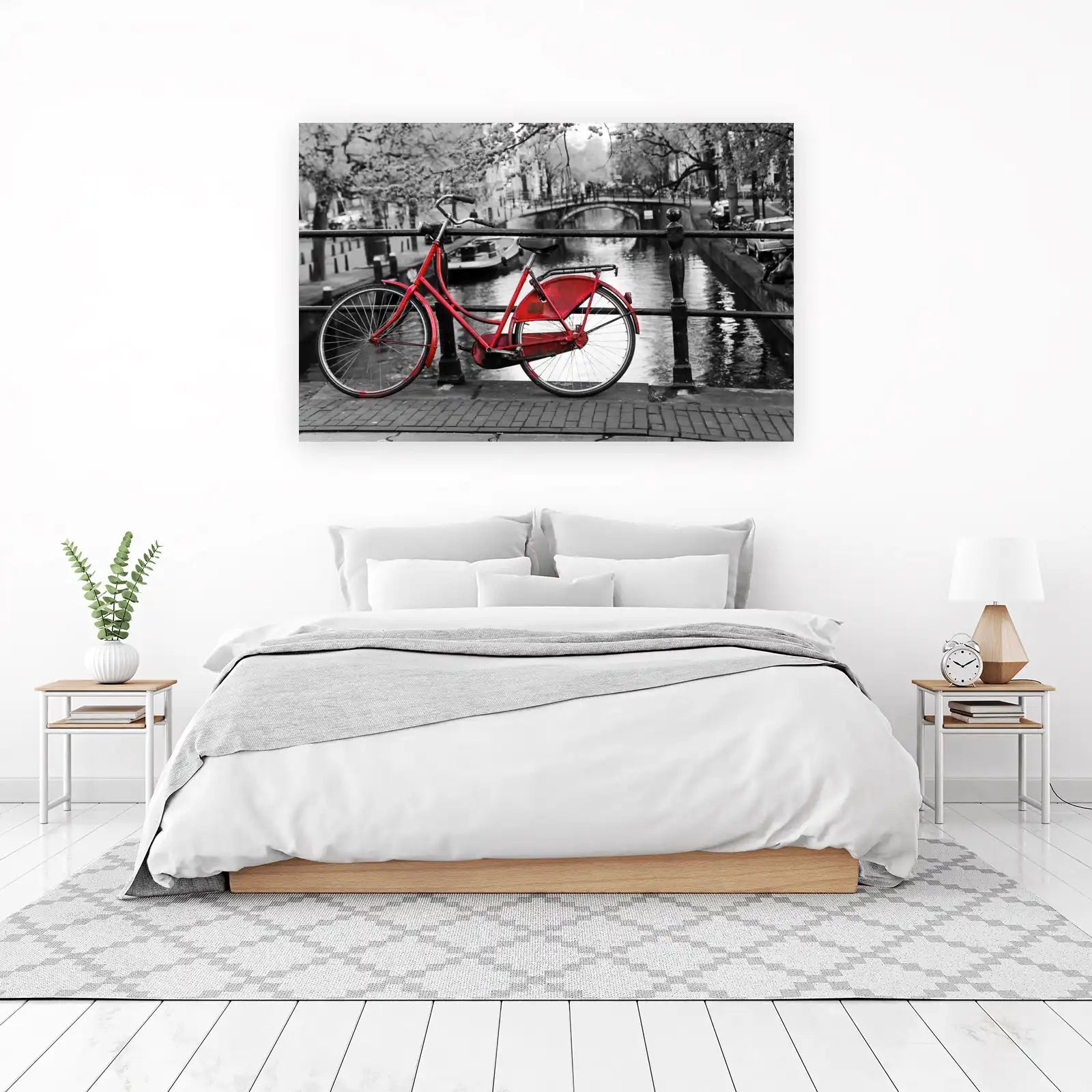 Vibrant Red Bicycle Amsterdam Canal Wall Art