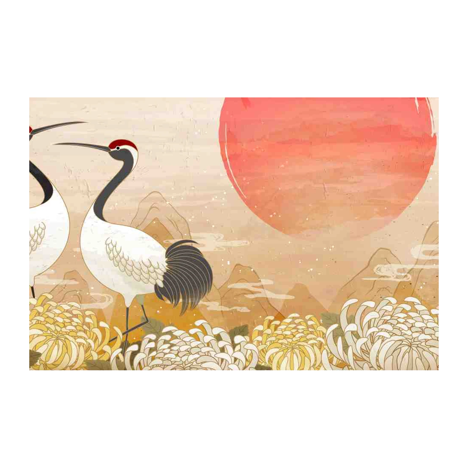 Elegant Cranes & Chrysanthemums Wall Art