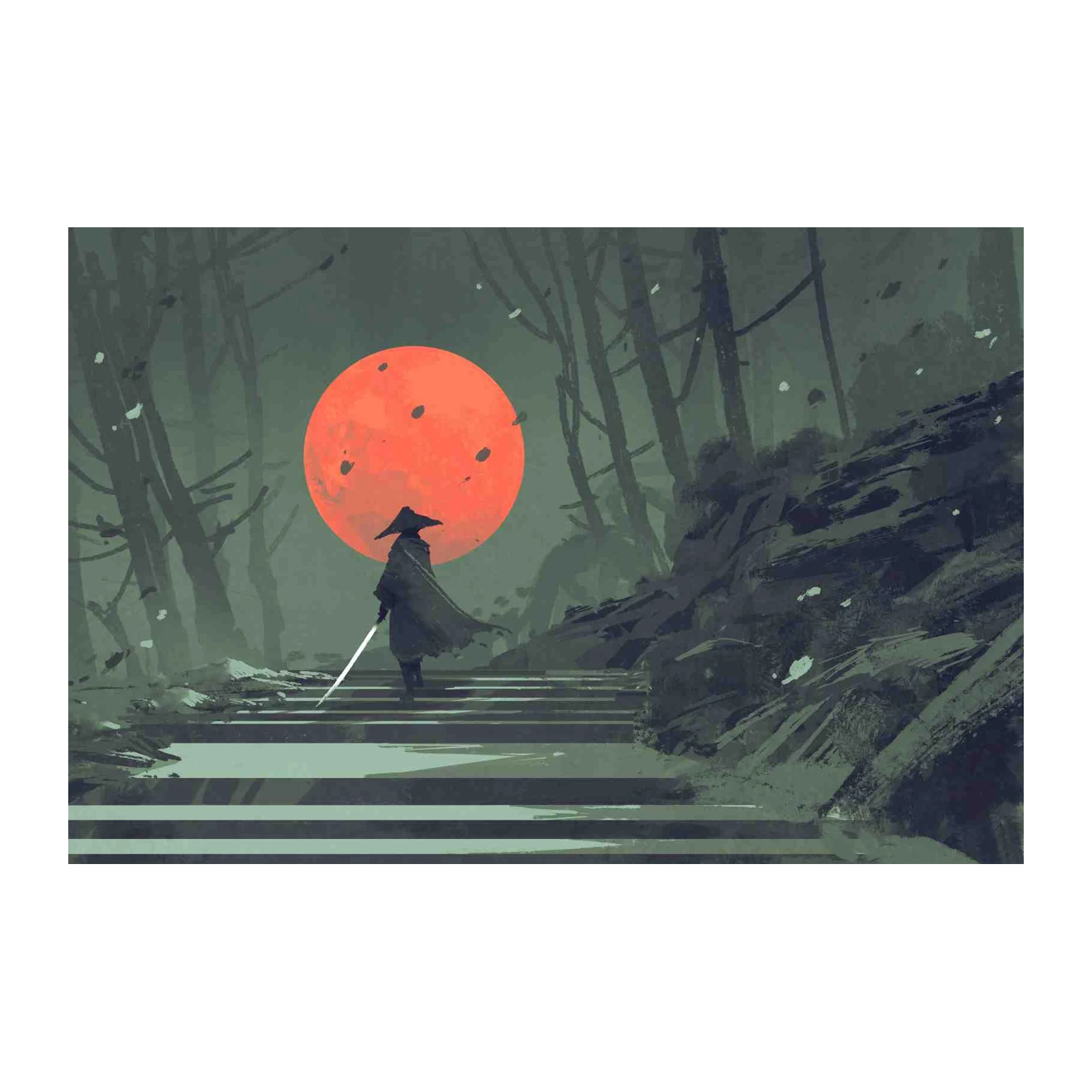 Mysterious Samurai Under Red Moon Wall Art