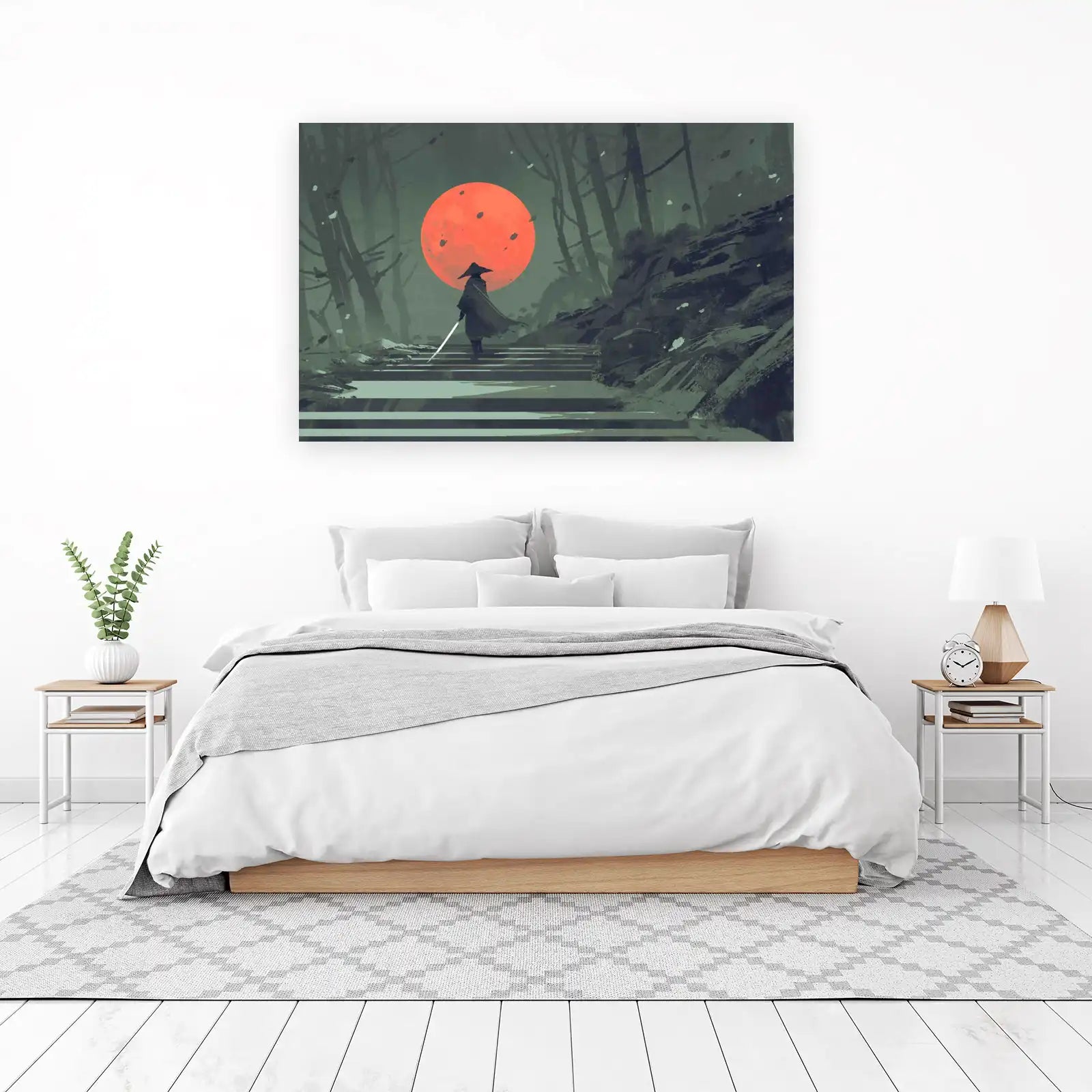 Mysterious Samurai Under Red Moon Wall Art