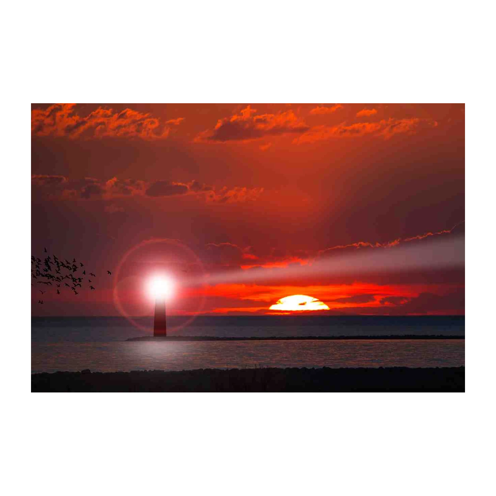 Lighthouse Sunset Bird Flock Wall Art