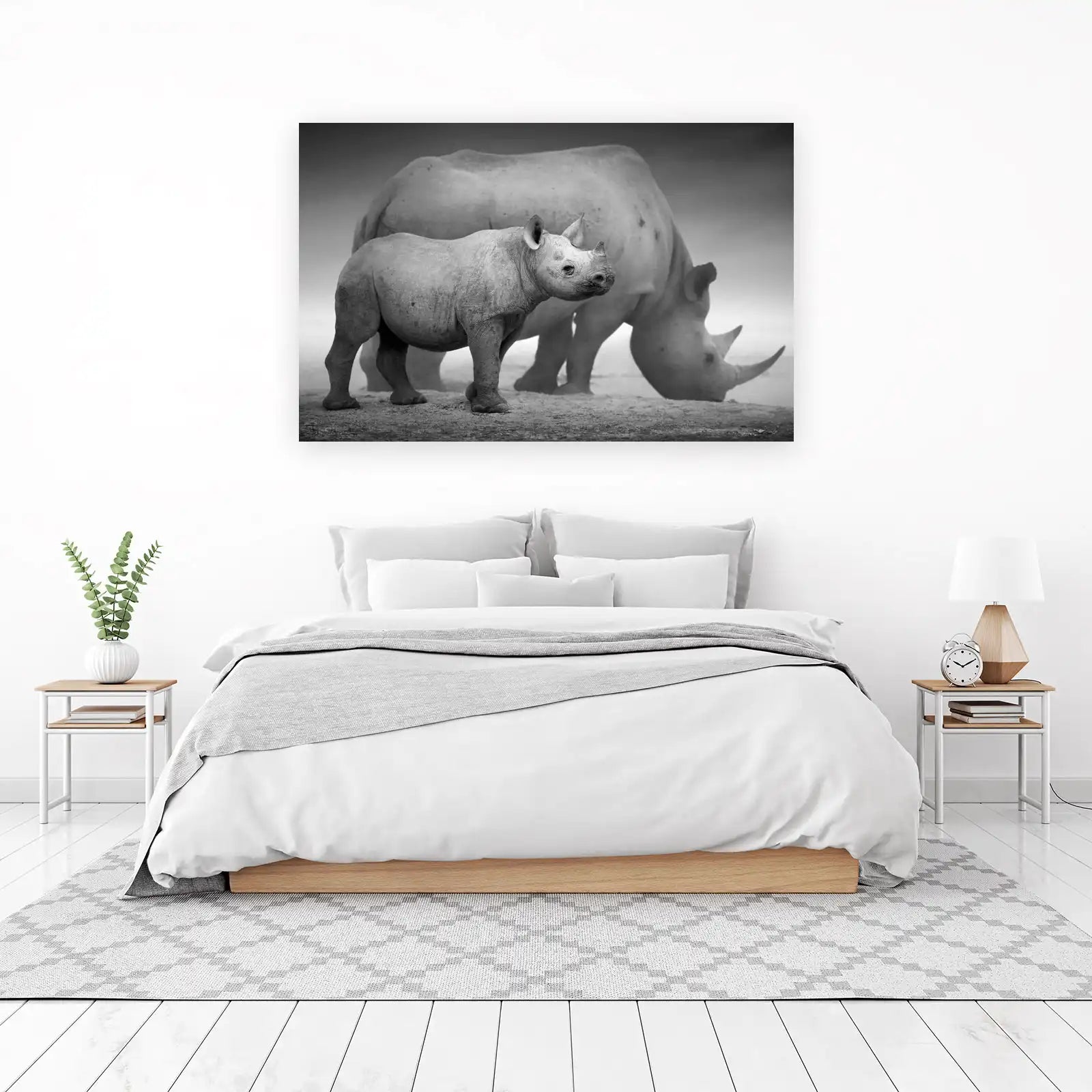 Majestic Rhinos Mother & Calf Black and White Wall Art