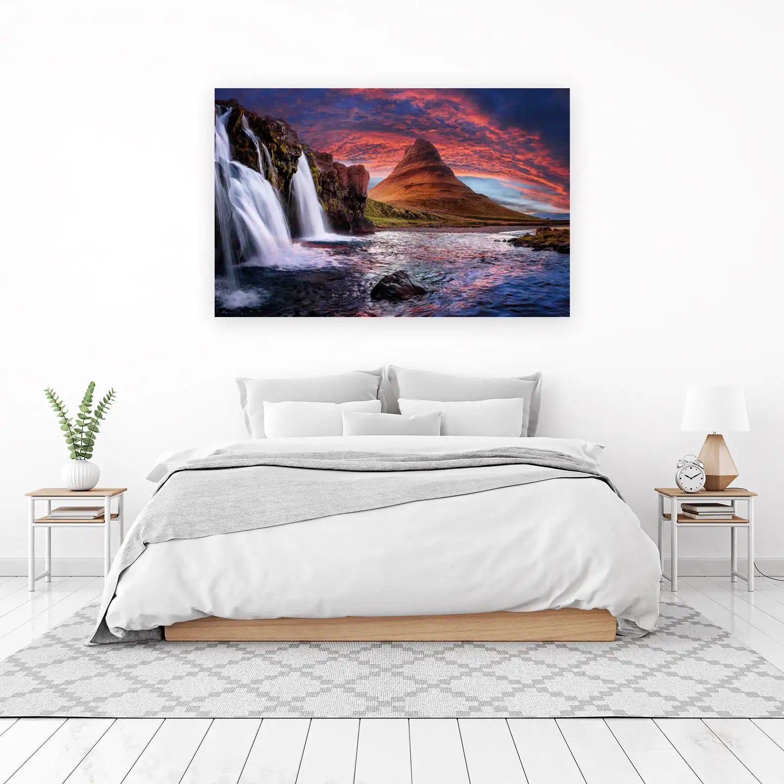 Dramatic Waterfall & Mountain Sunset Wall Art
