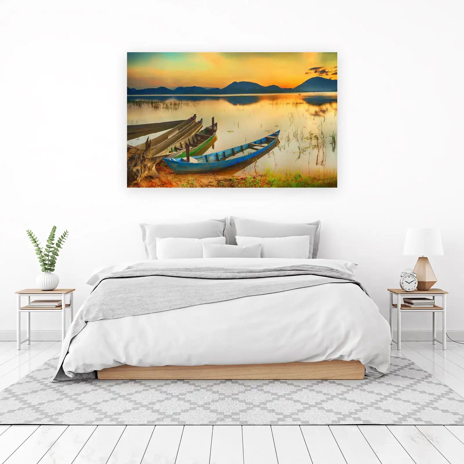 Serene Sunset Boats Landscape Wall Art