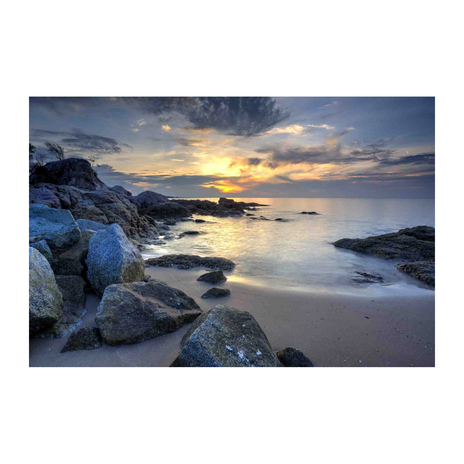 Tranquil Sunset Beach Rocky Coast Wall Art