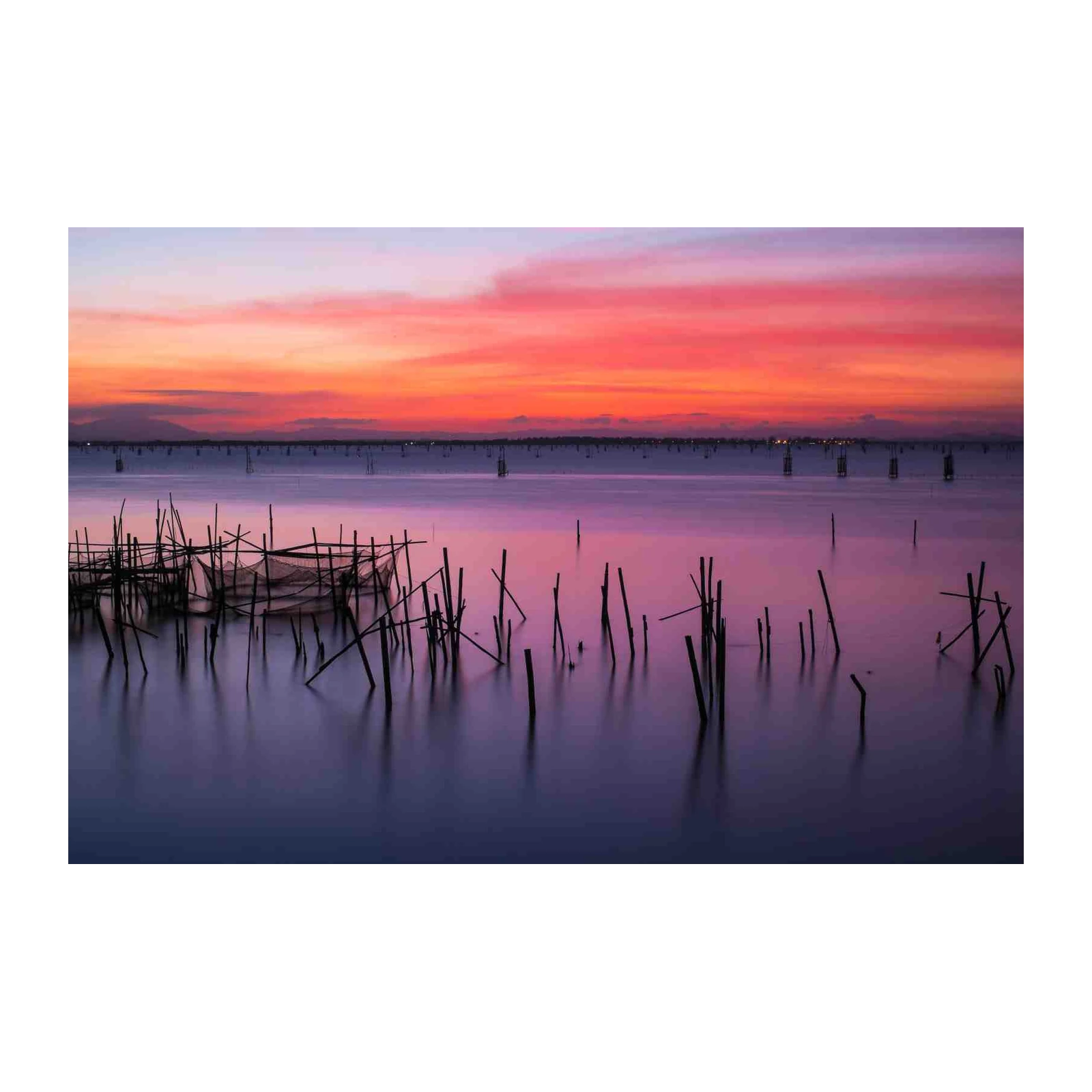 Serene Sunset Lake Fishing Nets Wall Art