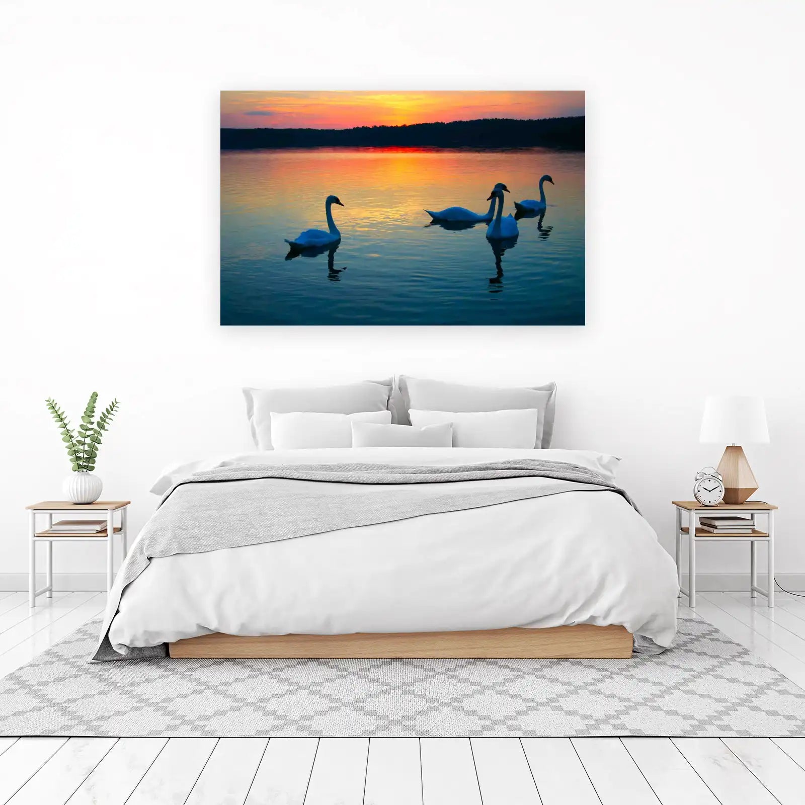 Serene Swans Sunset Lake Wall Art