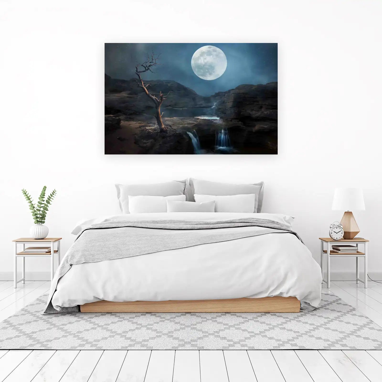 Enchanting Moonlit Waterfall Dead Tree Wall Art