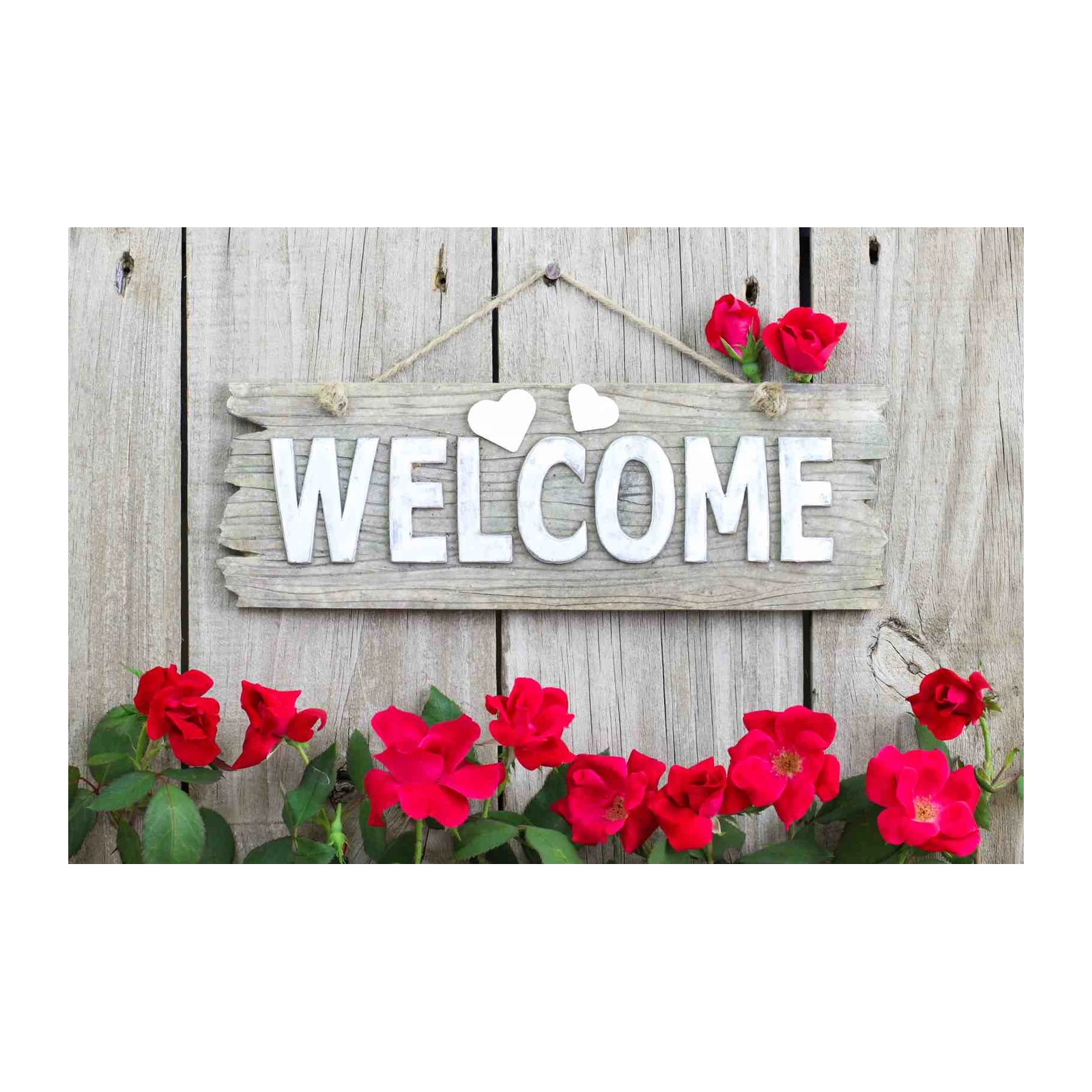 Rustic Welcome Sign with Red Roses Wall Art