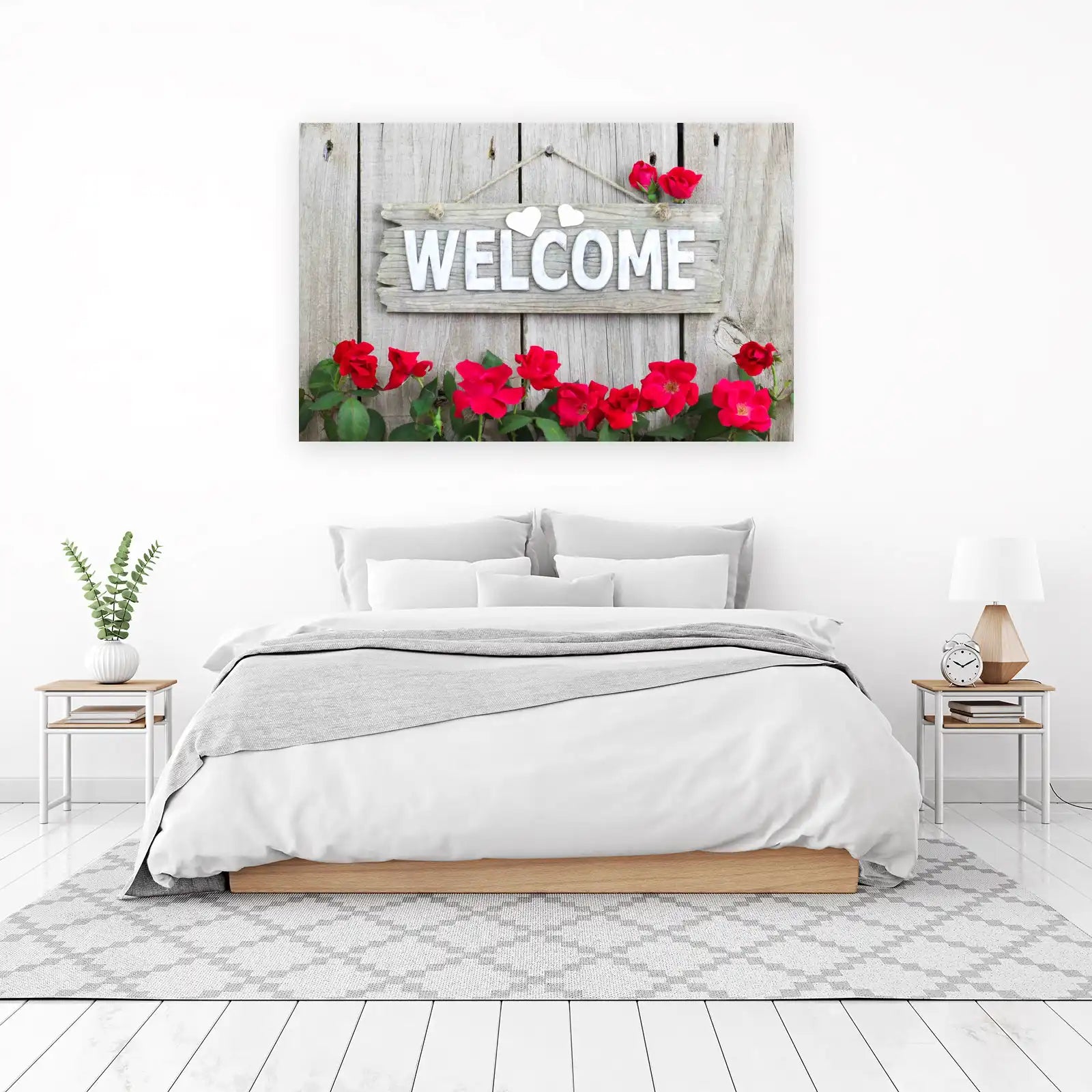 Rustic Welcome Sign with Red Roses Wall Art