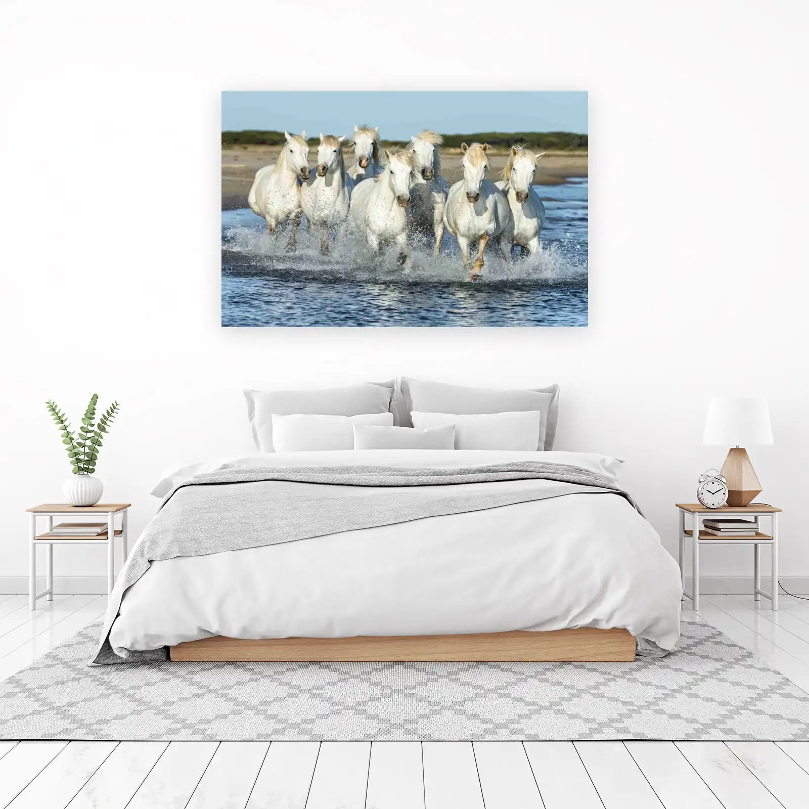Majestic White Horses Gallop in Ocean Waves Wall Art